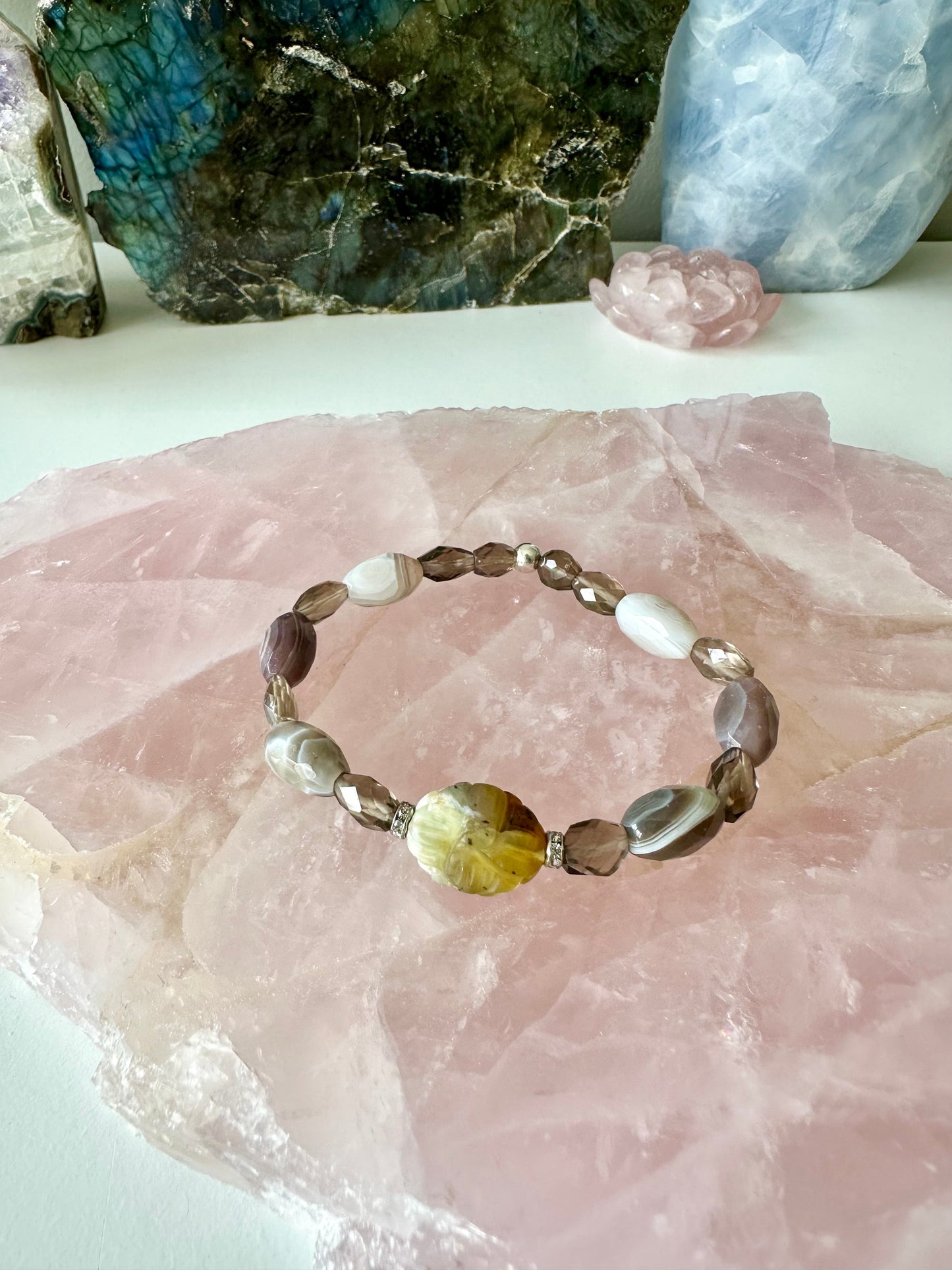 Coconut - Flower Jade, Botswana Agate and Smoky Quartz Gemstone Bracelet