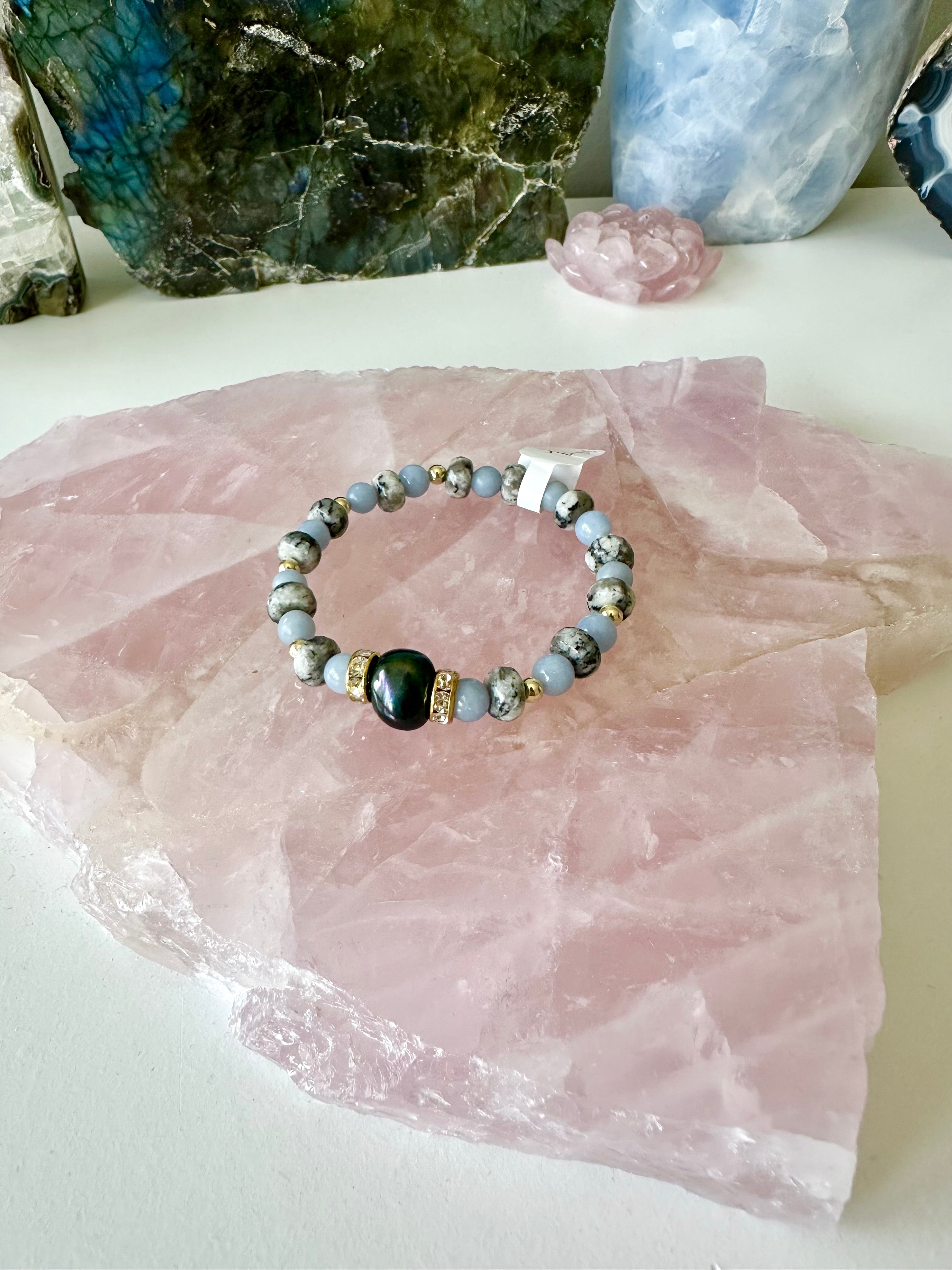Royal - Black Pearl, Sesame Jasper and Angelite Gemstone Bracelets