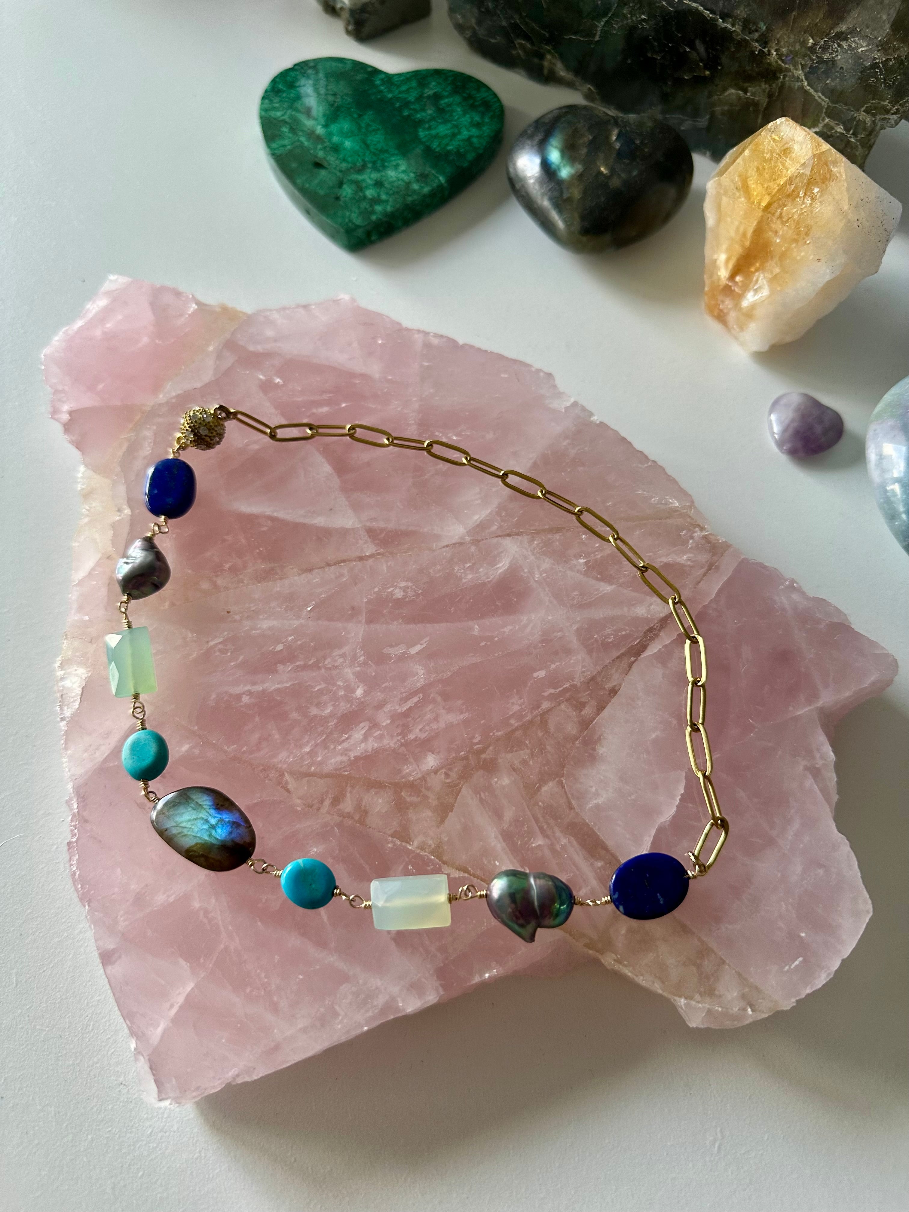 Aspen - Labradorite, Chalcedony, Lapis Lazuli, Black Pearl and Turquoise Gemstone Necklace