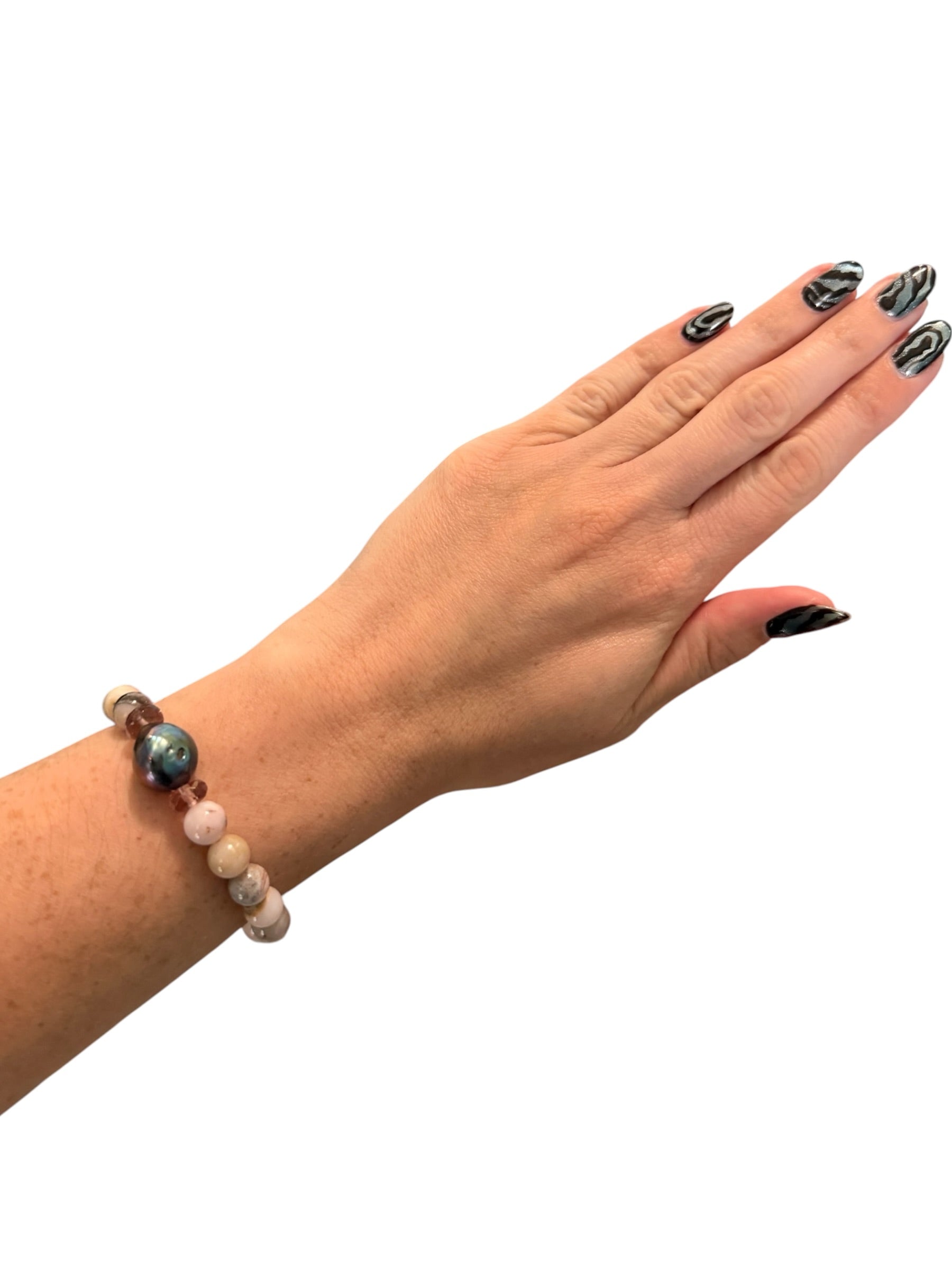 Shell-a-brate — Handcrafted Tahitian Black Pearl, Pink Opal, Rose Quartz & Pink Amethyst Bracelet