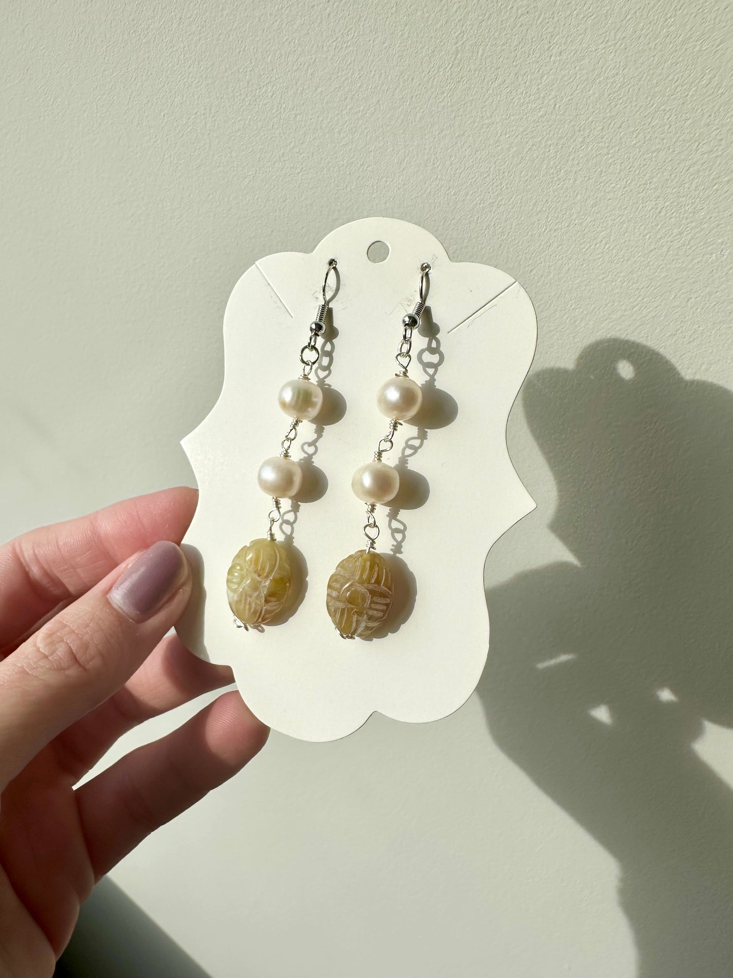 Catalina - Flower Jade and Freshwater Pearl Gemstone Earrings