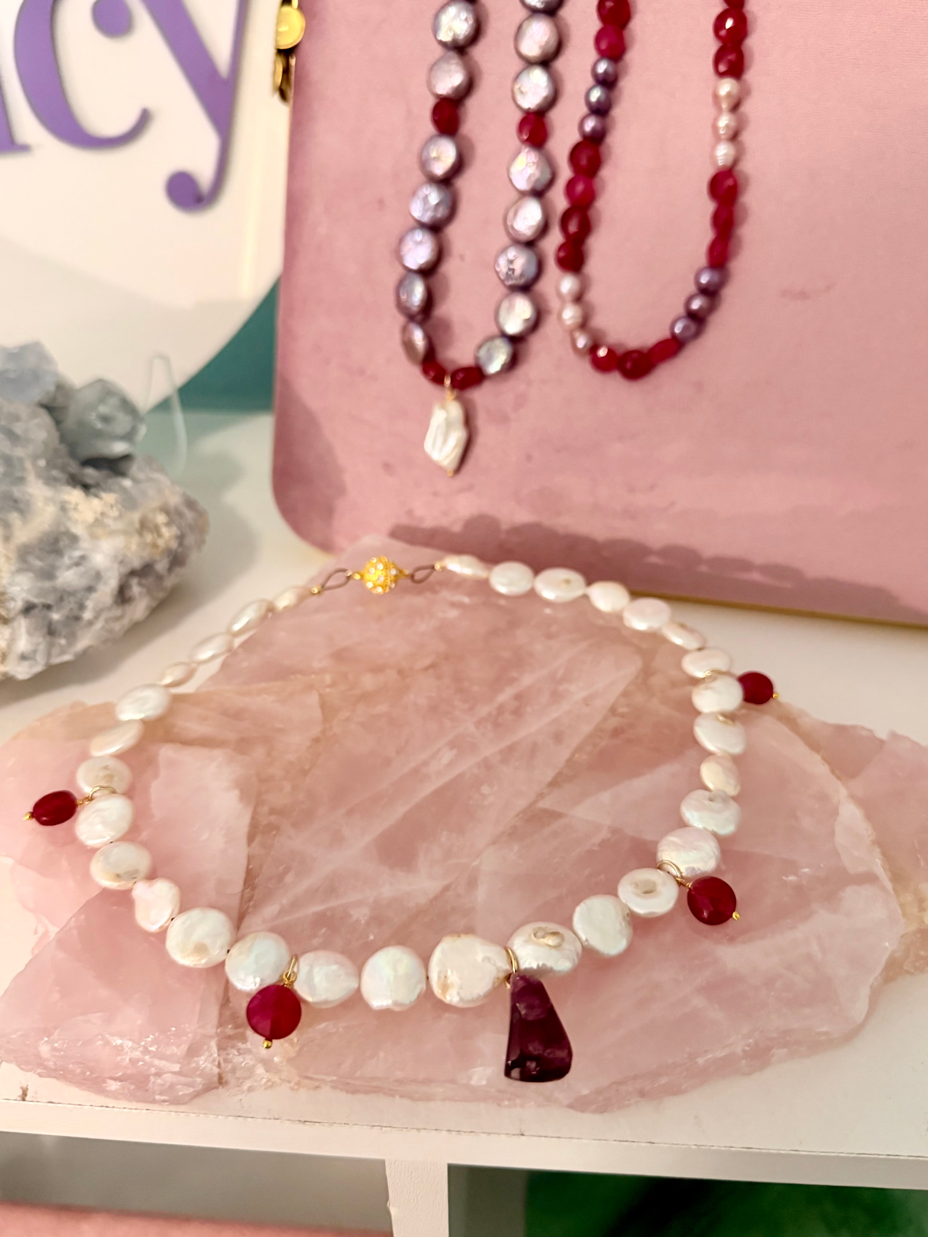 Love Potion Gemstone Necklace - Pink Tourmaline, Ruby, Freshwater Coin Pearls | Limited Edition Valentine’s Jewelry | Love, Healing and Wisdom