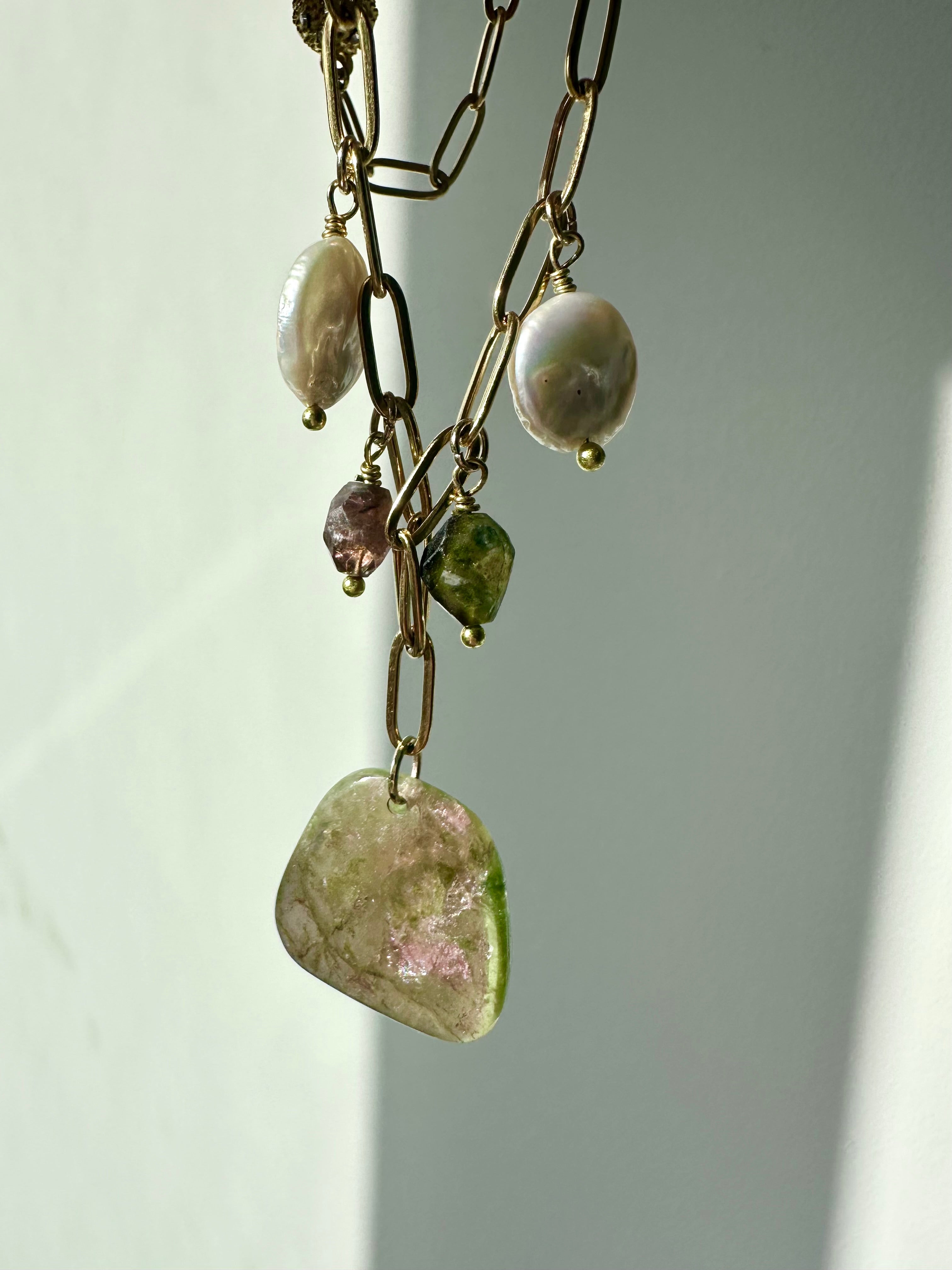 Watermelon Sugar - Watermelon Tourmaline and Freshwater Pearl Gemstone Necklace