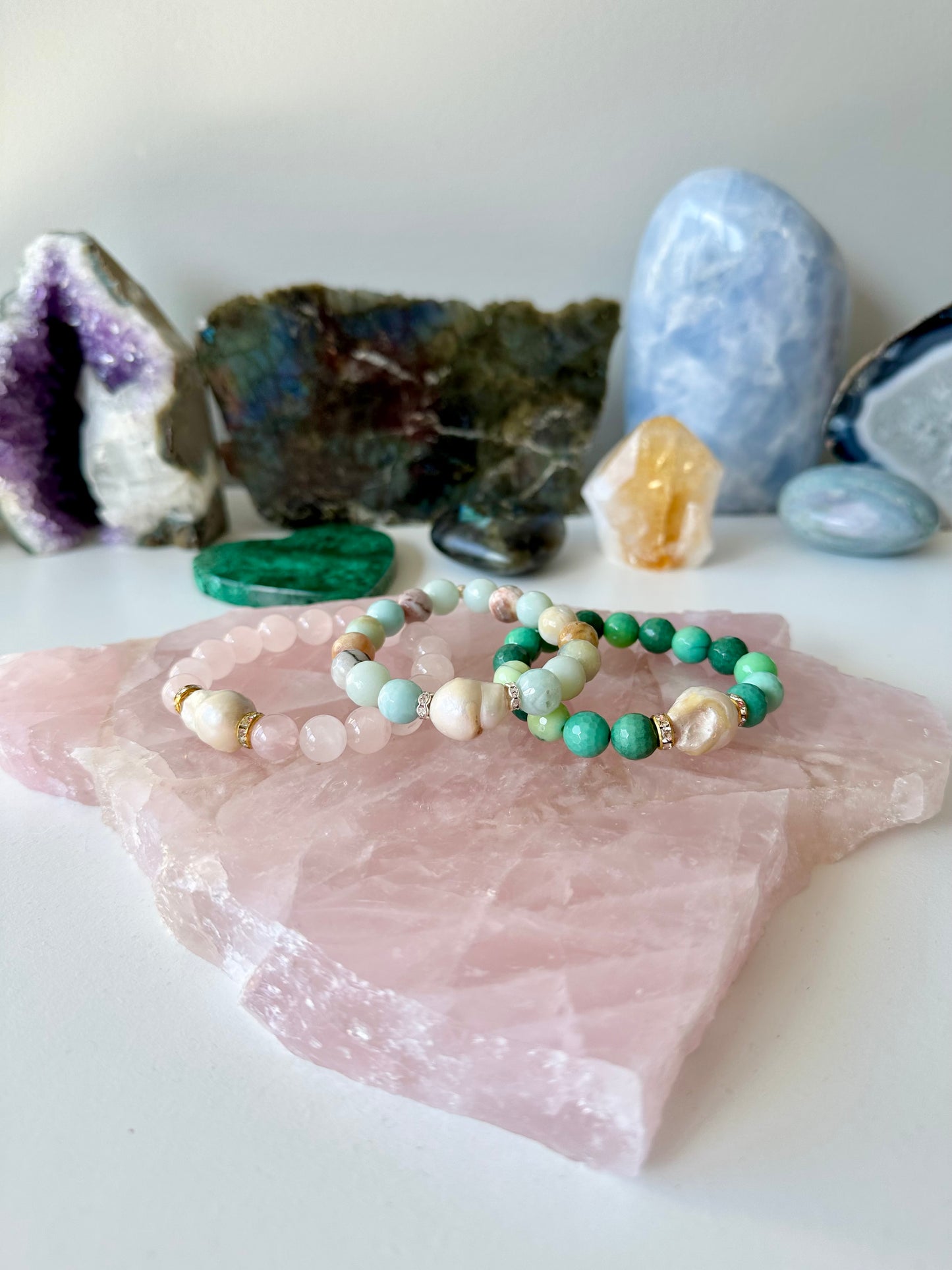 Hailey - Baroque Pearl, Rose Quartz, Chrysoprase and Amazonite Gemstone Bracelets