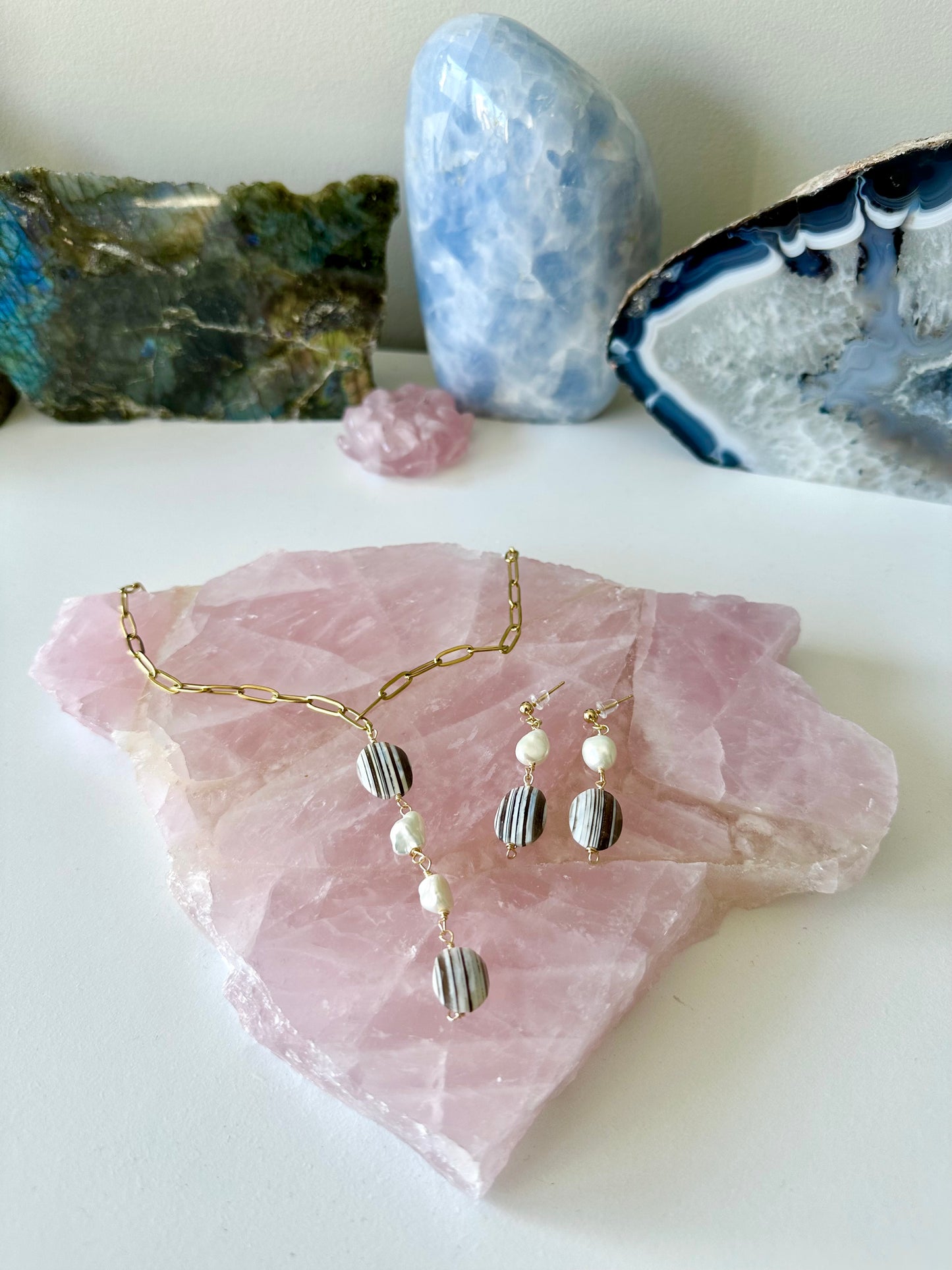 Eloise - Owyhee Blue Opal and Freshwater Pearl Gemstone Paperclip Chain Lariat Necklace and Earrings