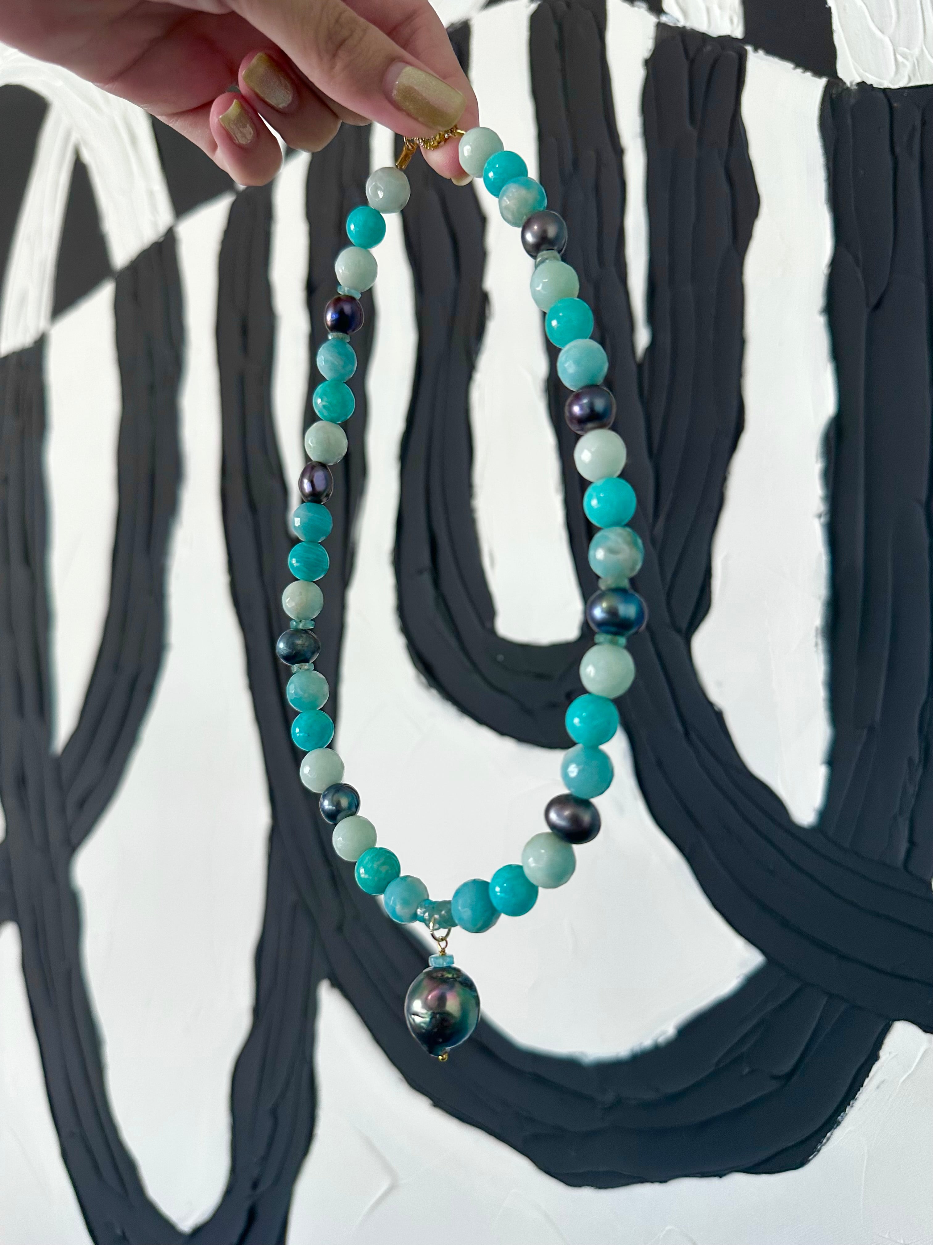 Sea Breeze - Tahitian Black Pearl, Apatite and Amazonite Gemstone Necklace