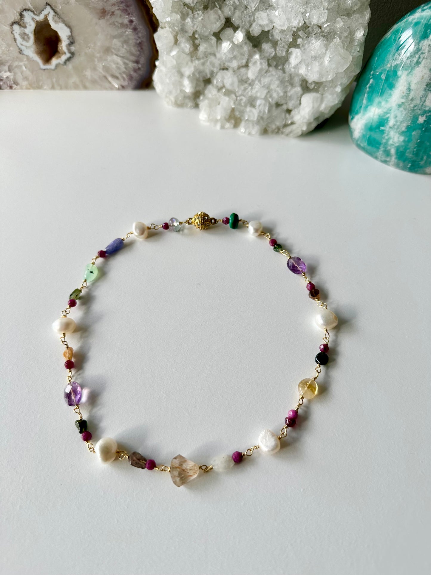 Confetti - Rutilated Quartz, Amethyst, Citrine, Tanzanite, Ruby, Malachite, Fluorite, Moonstone, Chrysoprase, Tourmaline and Freshwater Pearl Gemstone Necklace