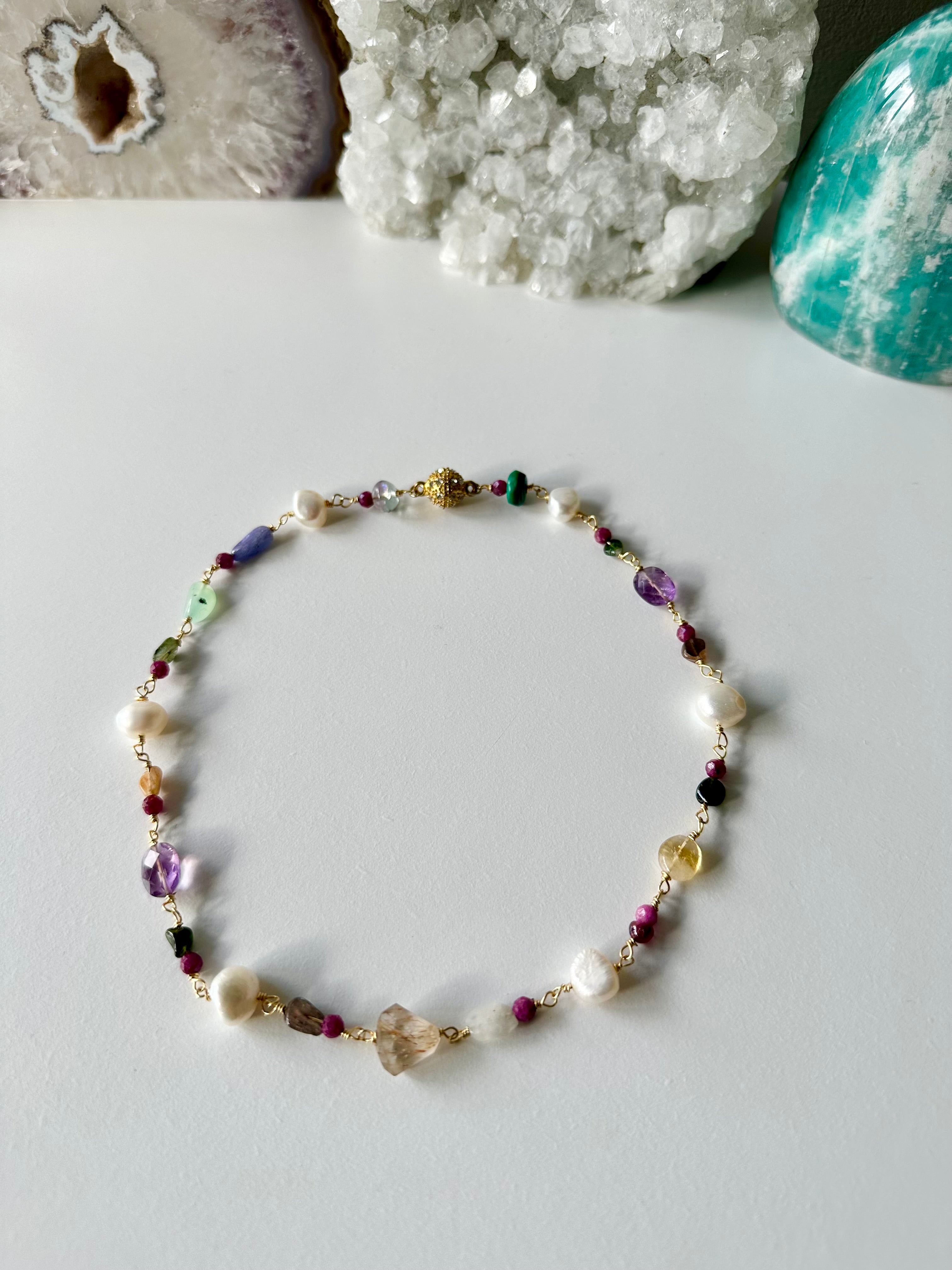 Confetti - Rutilated Quartz, Amethyst, Citrine, Tanzanite, Ruby, Malachite, Fluorite, Moonstone, Chrysoprase, Tourmaline and Freshwater Pearl Gemstone Necklace