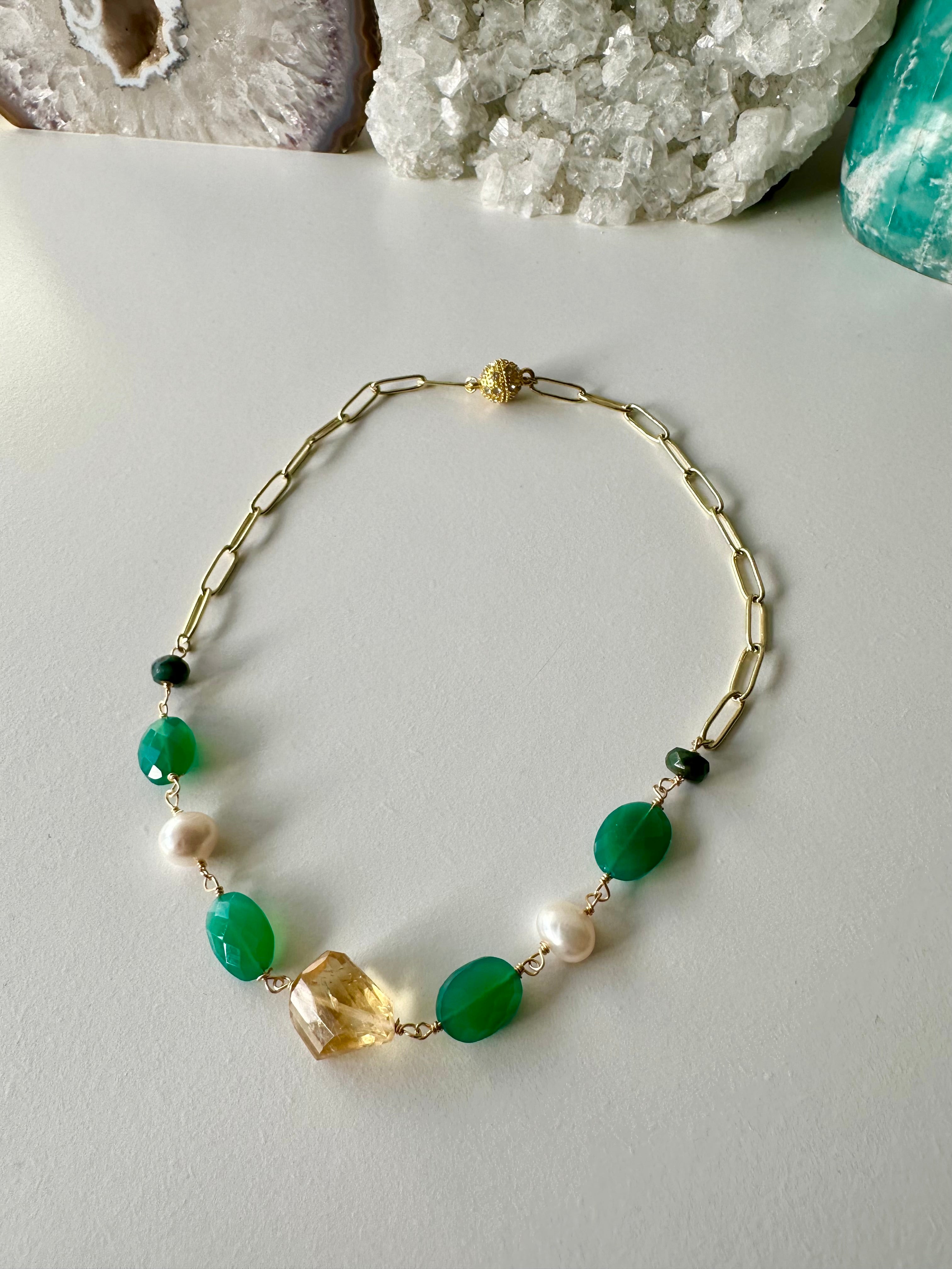 Celia - Citrine, Green Onyx, Freshwater Pearl and Emerald Gemstone Paperclip Chain Necklace