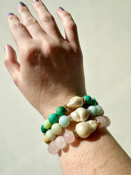 Hailey - Baroque Pearl, Rose Quartz, Chrysoprase and Amazonite Gemstone Bracelets