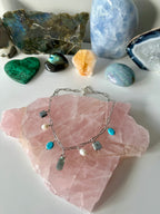 Blue Raspberry - Blue Tourmaline, Kyanite, Freshwater Pearl and Turquoise Gemstone Charm Necklace | Healing, Alignment, Wisdom and Protection