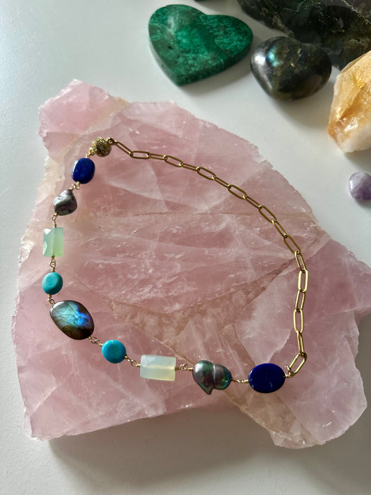 Aspen - Labradorite, Chalcedony, Lapis Lazuli, Black Pearl and Turquoise Gemstone Necklace