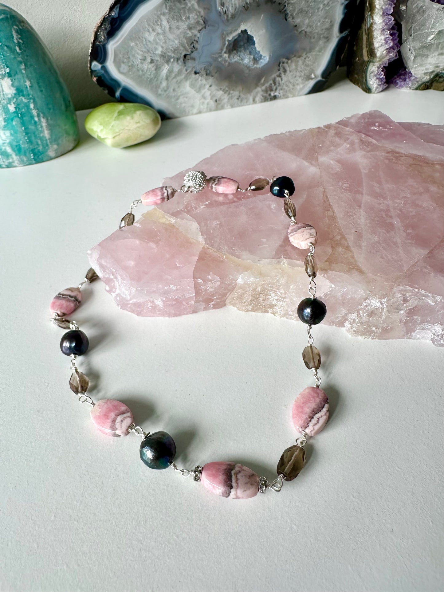 Heather - Rhodochrosite, Black Pearl and Smoky Quartz Gemstone Necklace