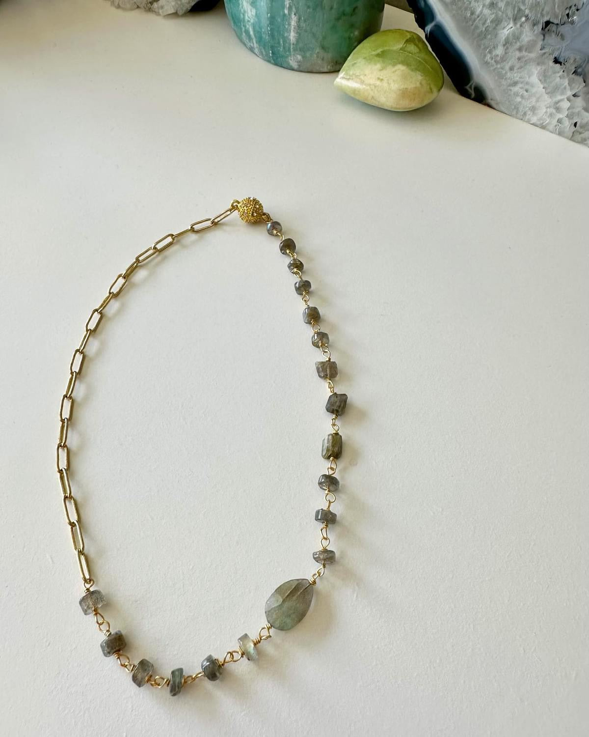 Demi - Half Gemstone Half Paperclip Chain Necklace