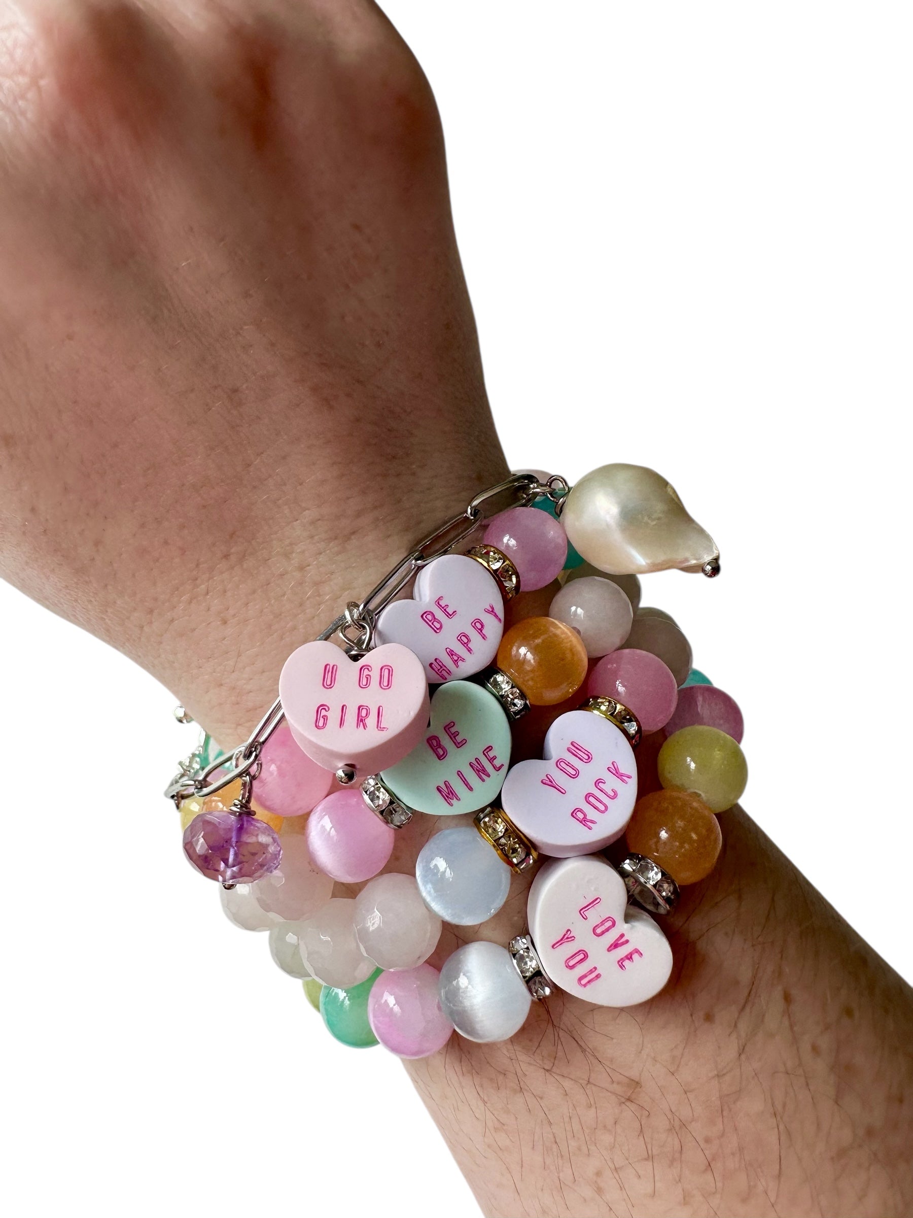 Candy Heart Gemstone Bracelets - Candy Hearts, Rose Quartz and Selenite | Limited Edition Valentine’s Jewelry | Love, Peace and Clarity