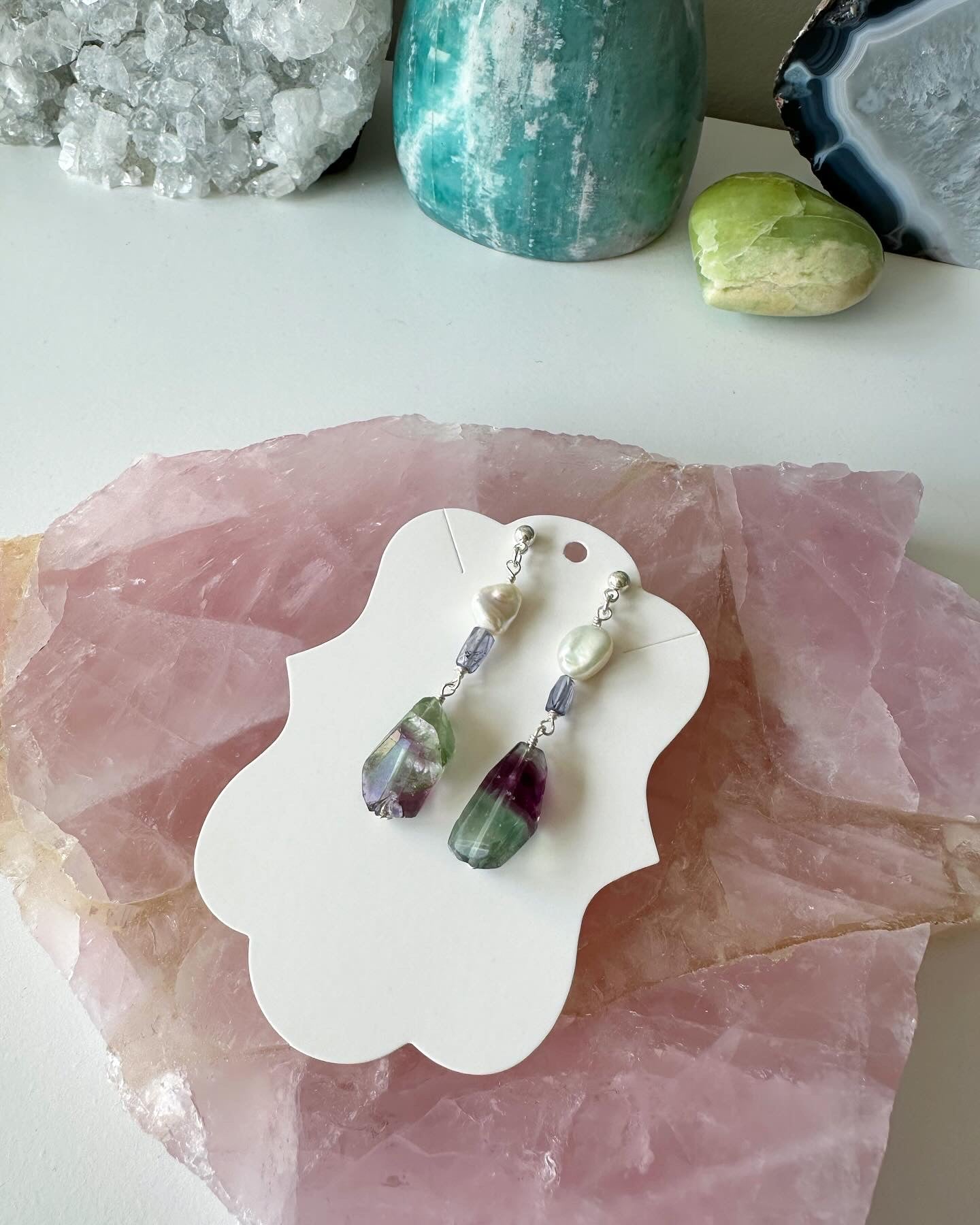 Poppy - Fluorite, Freshwater Pearl and Tanzanite Gemstone Earrings