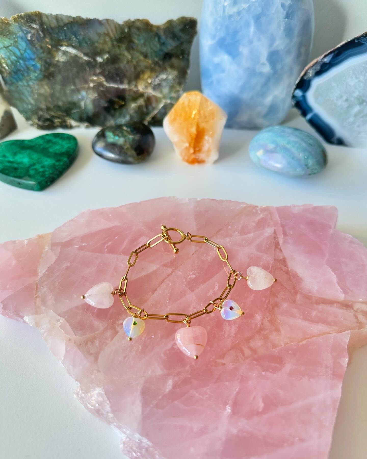 XOXO - Rose Quartz and Opalite Gemstone Charm Bracelet