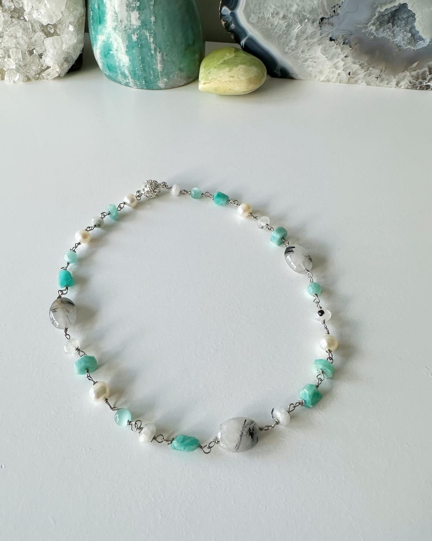 Naxos - Black Rutilated Quartz, Amazonite, Freshwater Pearl and Moonstone Gemstone Necklace