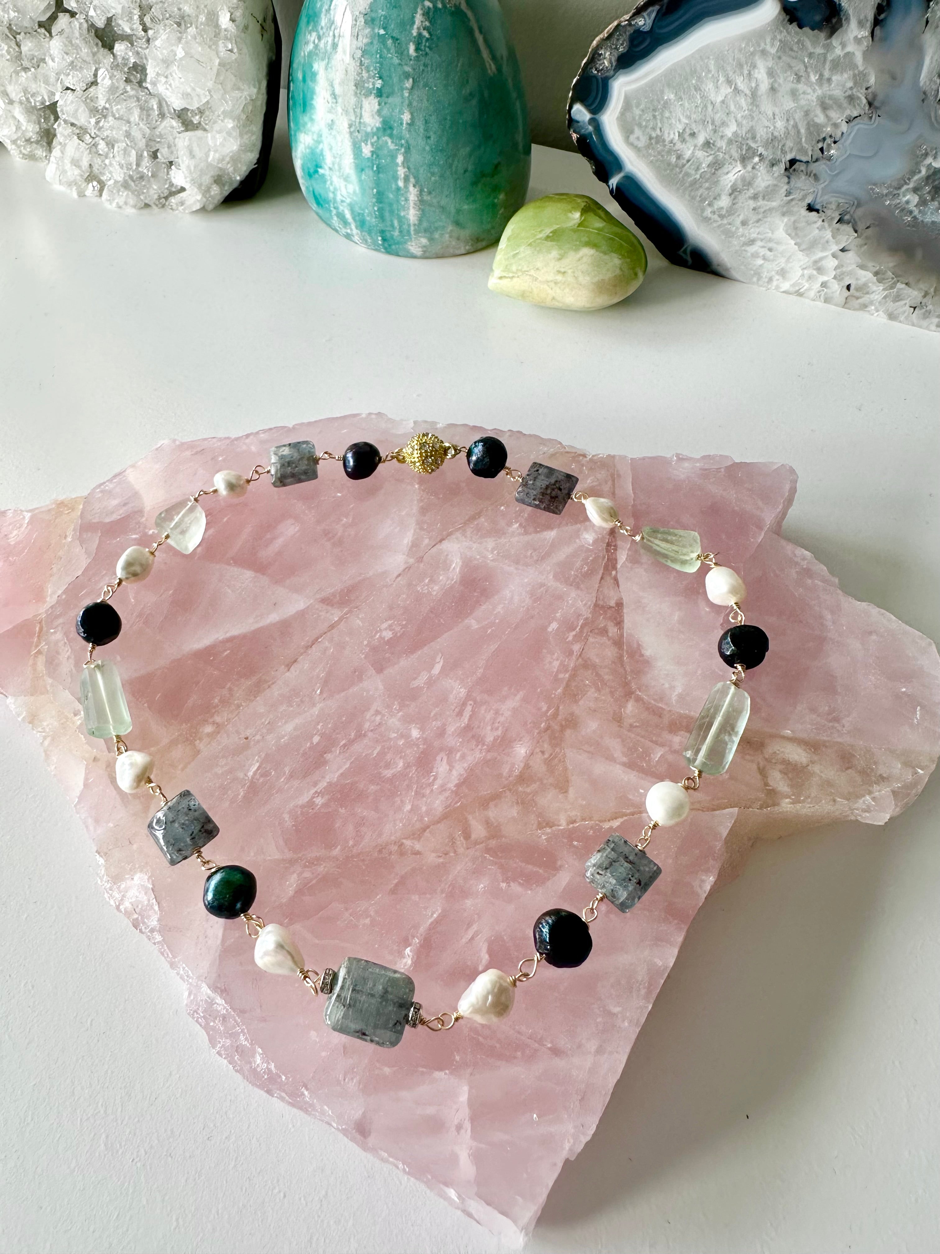 Livia - Kyanite, Fluorite, Black Pearl and Freshwater Pearl Gemstone Necklace