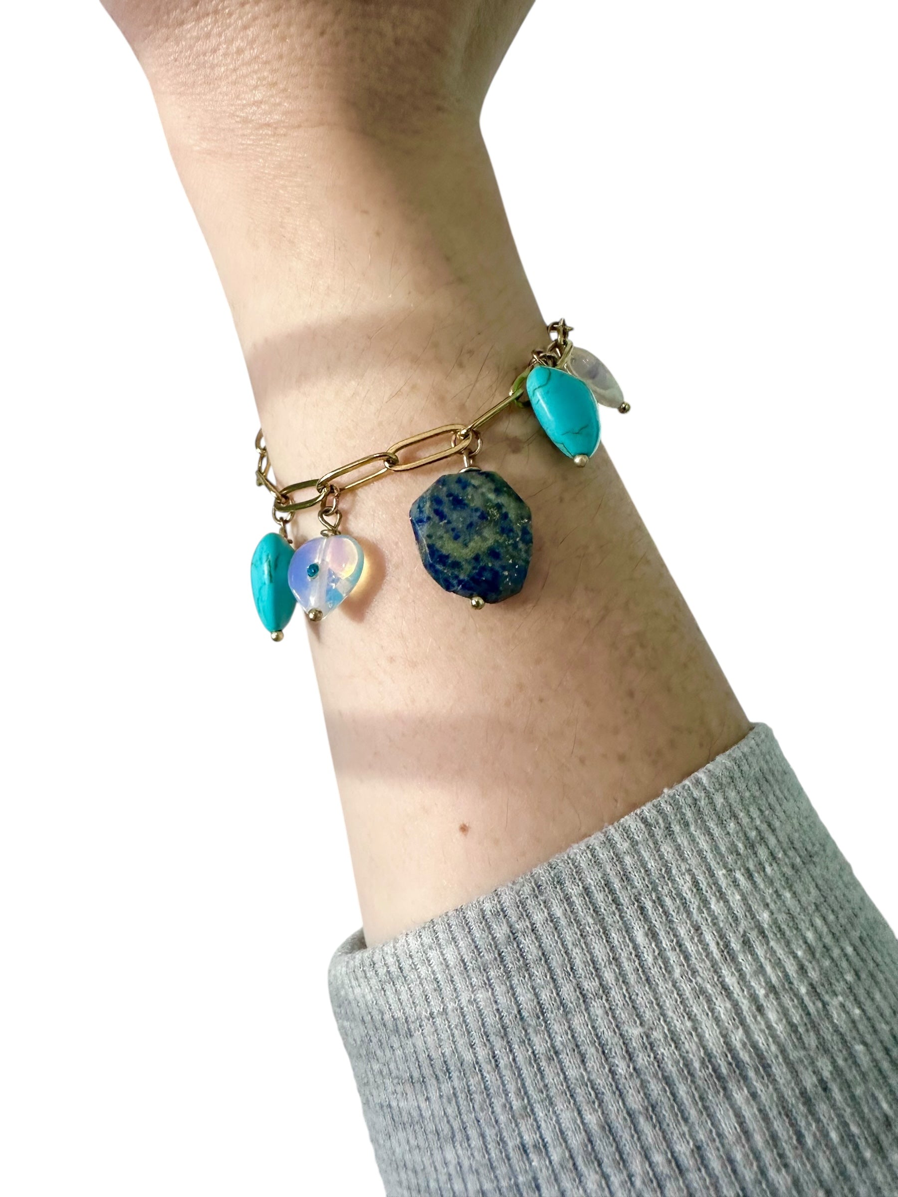 Bleu Gemstone Charm Bracelet - Lapis Lazuli, Turquoise and Opalite | Handmade Jewelry