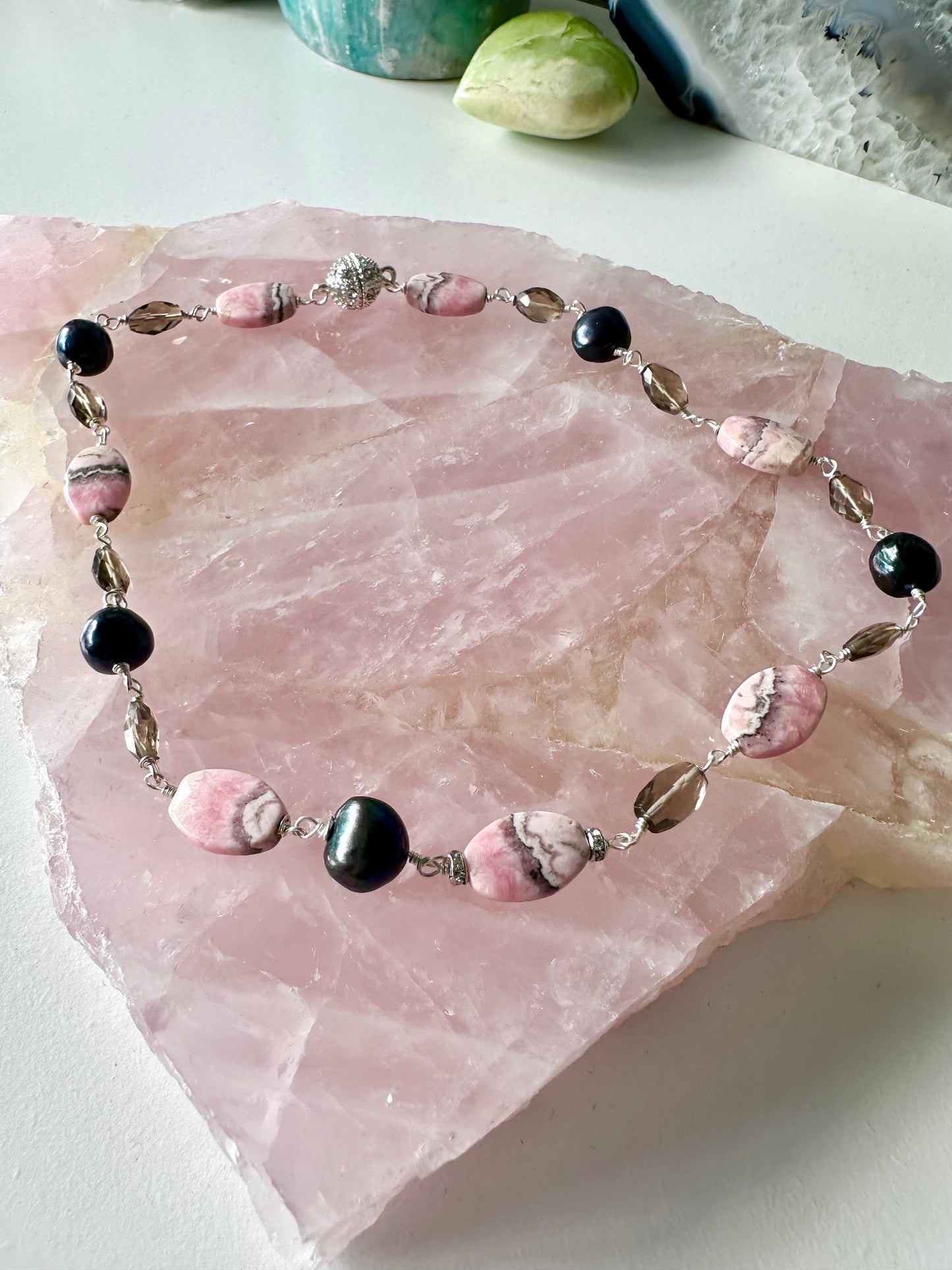 Heather - Rhodochrosite, Black Pearl and Smoky Quartz Gemstone Necklace