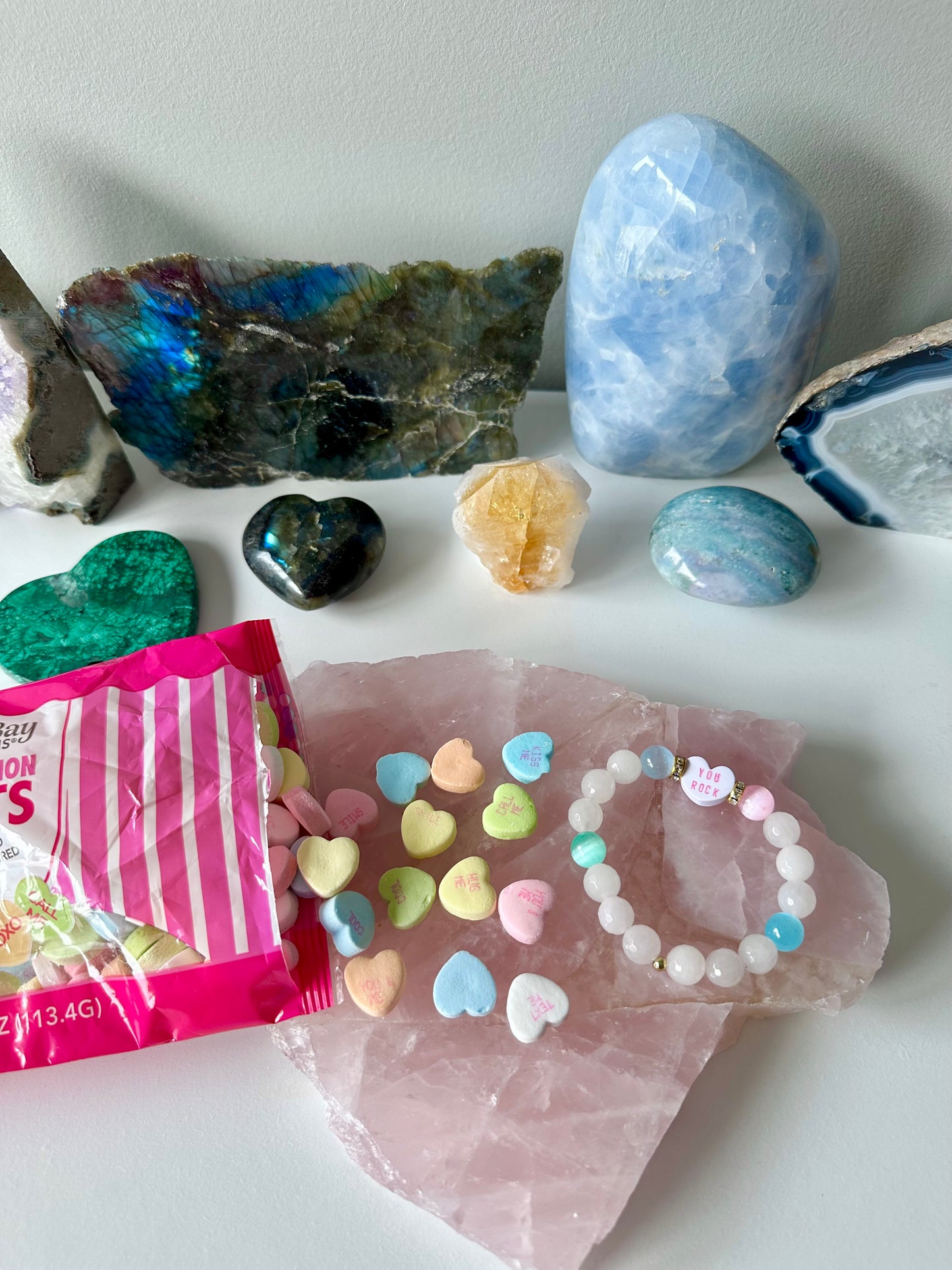 Candy Hearts - Valentine’s Day Candy Hearts and Selenite Gemstone Bracelets