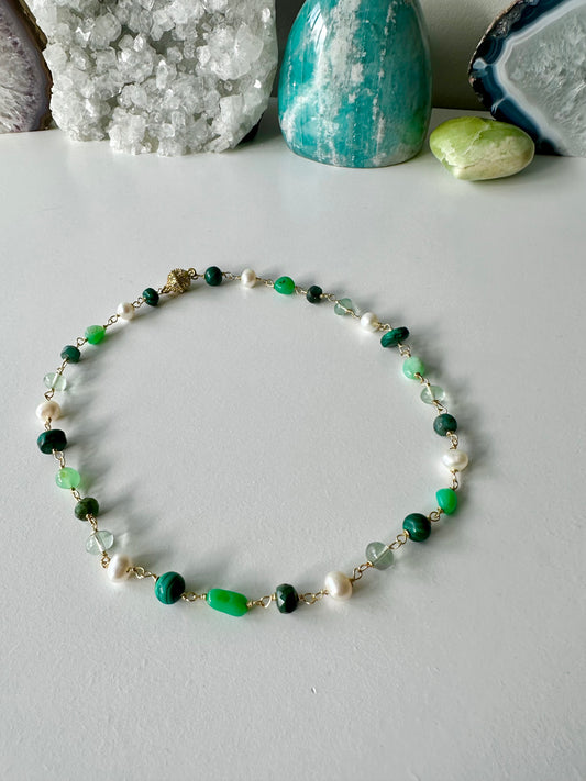 Capri - Emerald, Fluorite, Chrysoprase, Freshwater Pearl and Malachite Gemstone Necklace