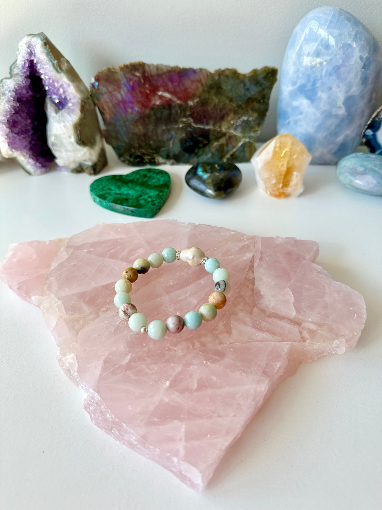 Hailey - Baroque Pearl, Rose Quartz, Chrysoprase and Amazonite Gemstone Bracelets