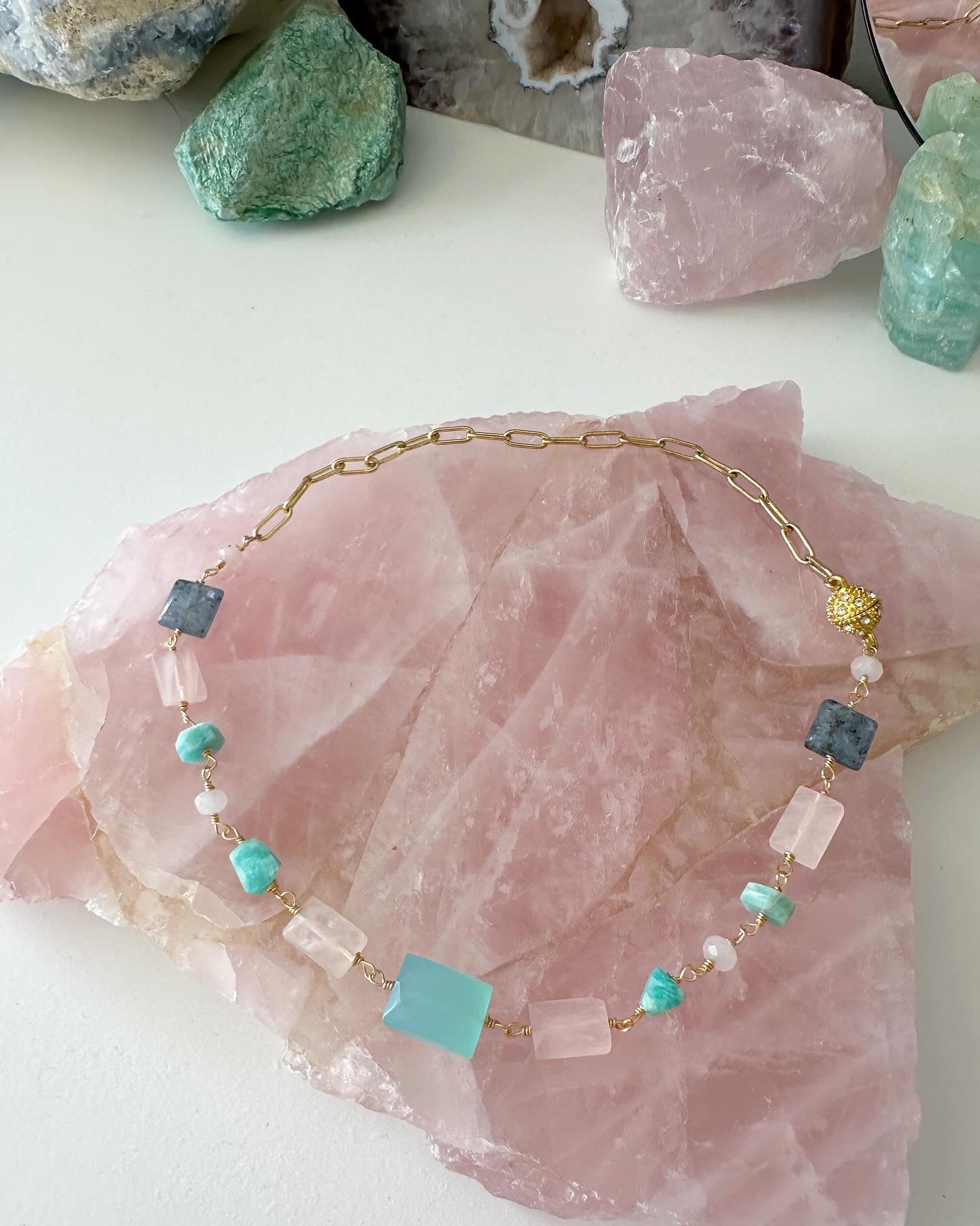 Melanie - Chalcedony, Rose Quartz, Kyanite and Amazonite Gemstone Paperclip Chain Necklace