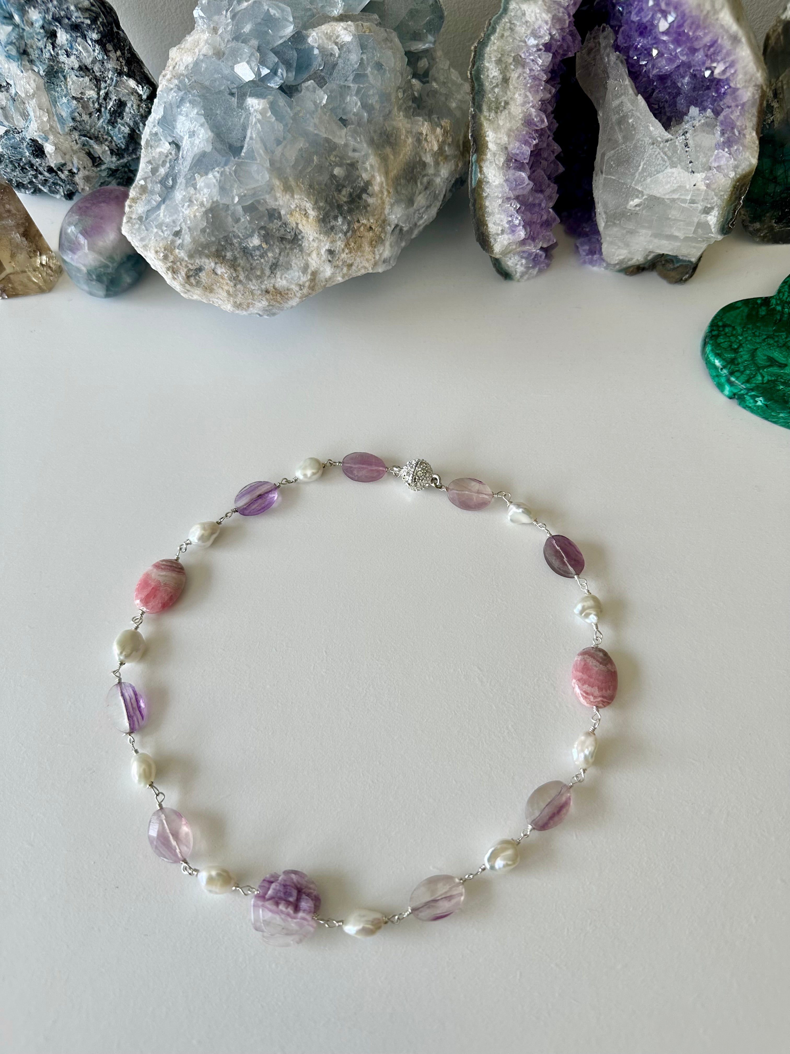 Francesca Gemstone Necklace - Fluorite, Rhodochrosite and Freshwater Pearl | Handmade Jewelry