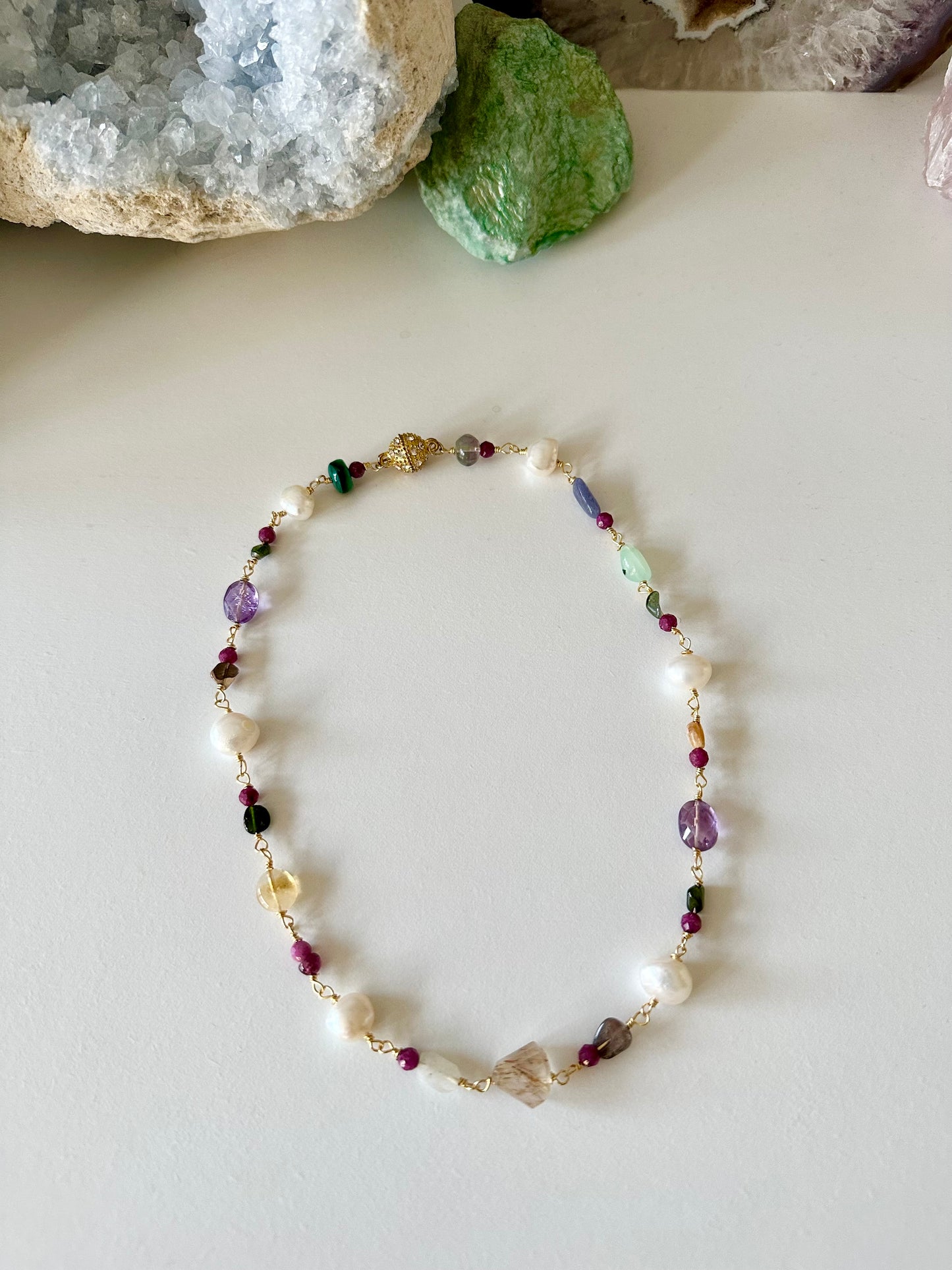 Confetti - Rutilated Quartz, Amethyst, Citrine, Tanzanite, Ruby, Malachite, Fluorite, Moonstone, Chrysoprase, Tourmaline and Freshwater Pearl Gemstone Necklace