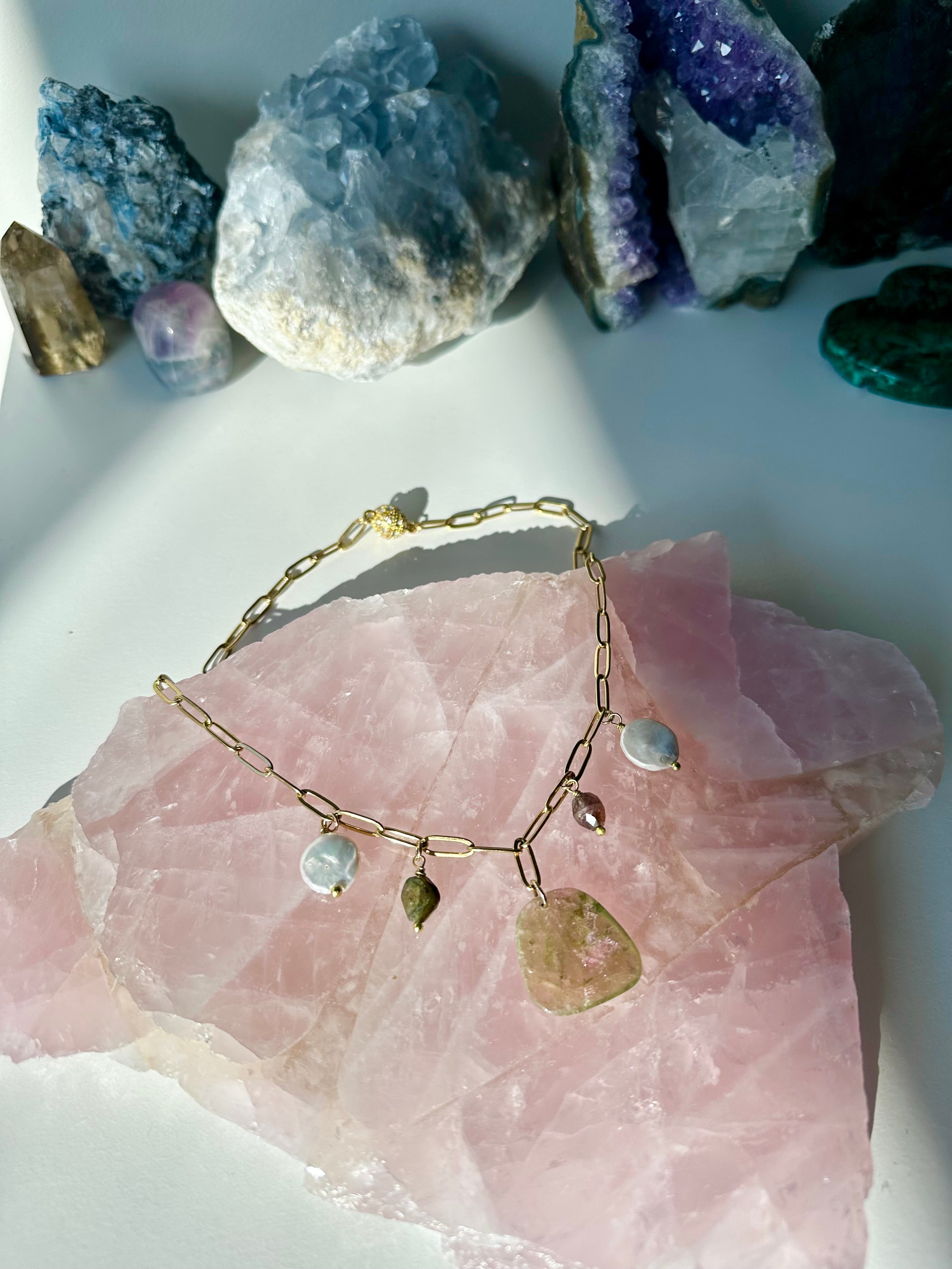 Watermelon Sugar - Watermelon Tourmaline and Freshwater Pearl Gemstone Necklace