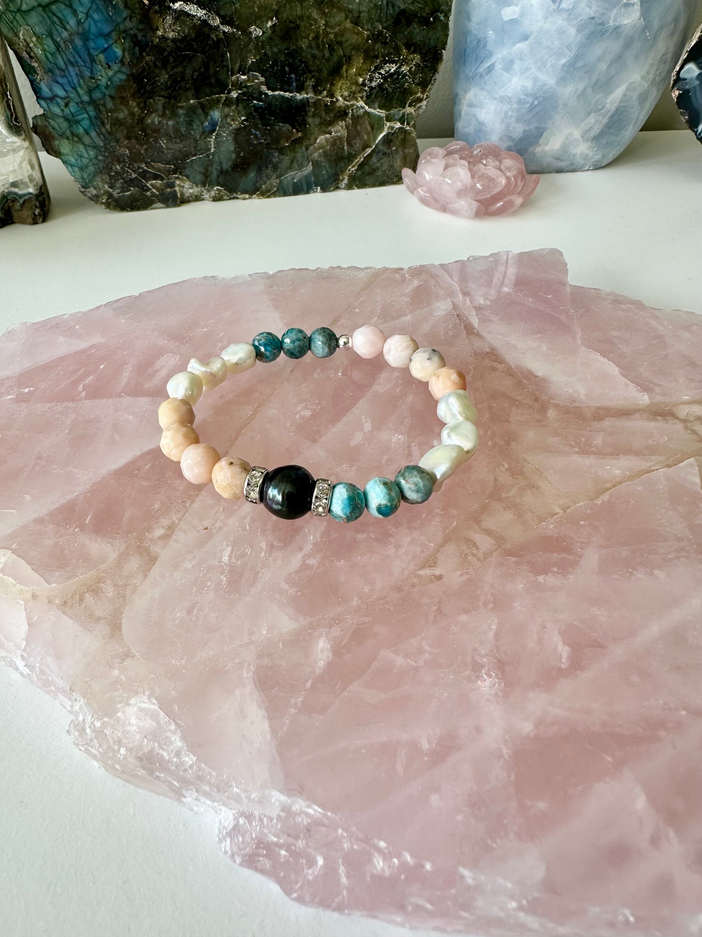 Toucan - Black Pearl, Pink Opal, Freshwater Pearl and Apatite Gemstone Bracelet