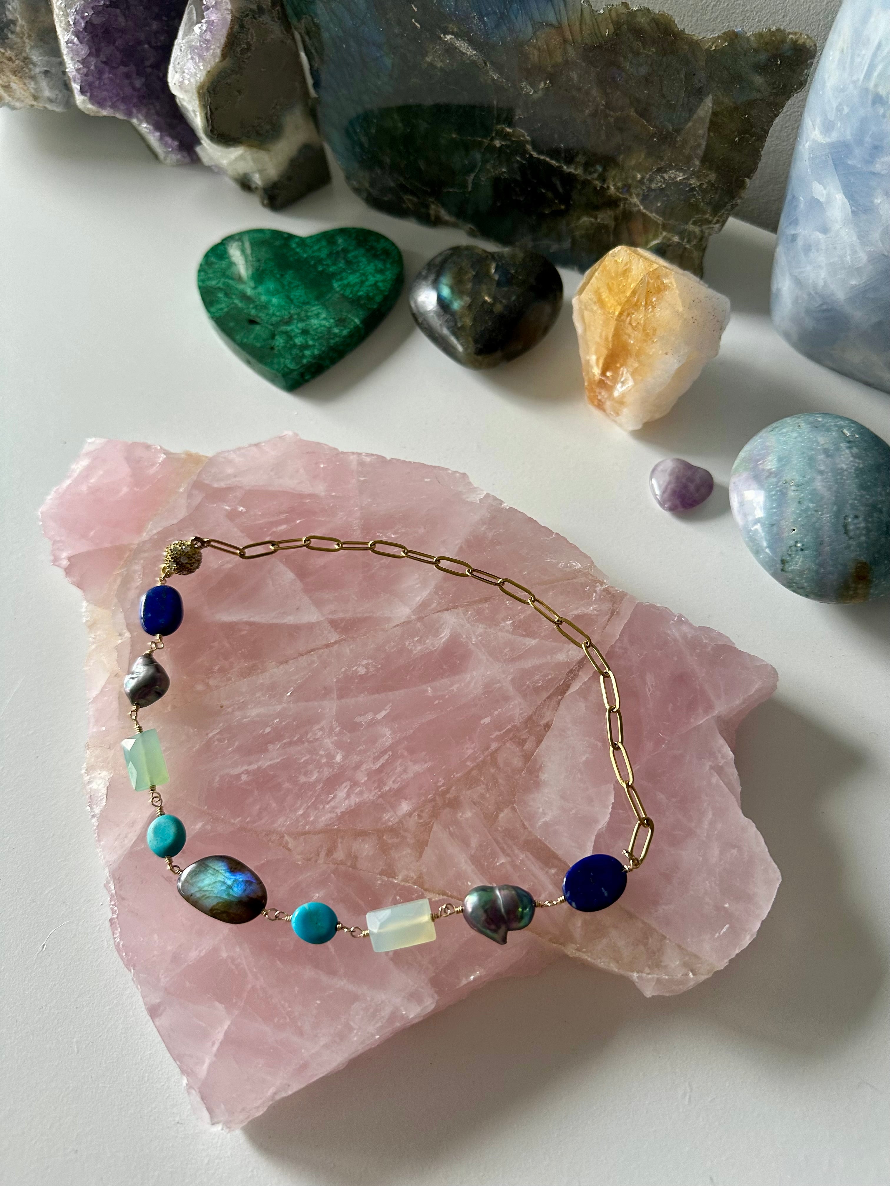 Aspen - Labradorite, Chalcedony, Lapis Lazuli, Black Pearl and Turquoise Gemstone Necklace