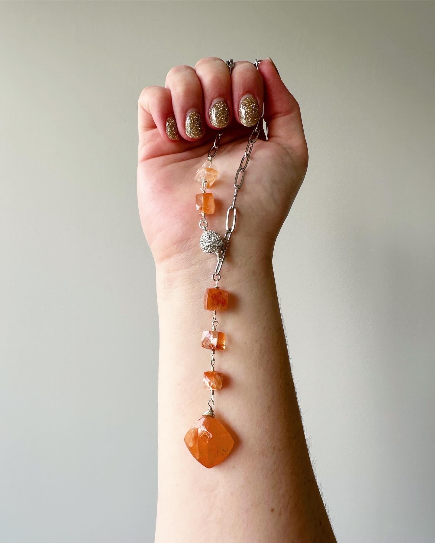 Nora - Cascading Sunstone Gemstone Paperclip Chain Lariat Necklace