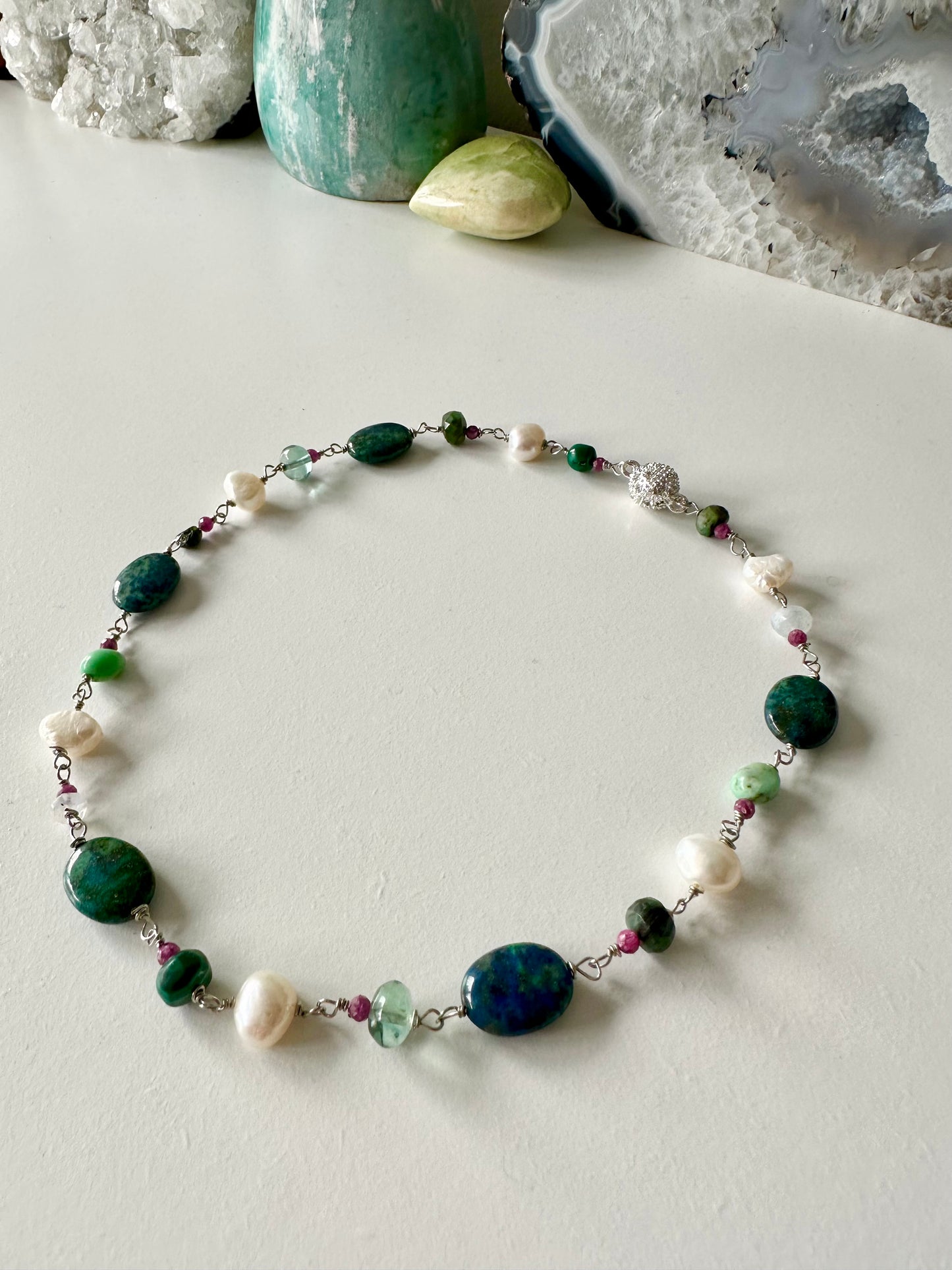 Lilly - Ruby, Malachite, Fluorite, Moonstone, Chrysoprase, Chrysocolla, Tourmaline, Emerald and Freshwater Pearl Gemstone Necklace