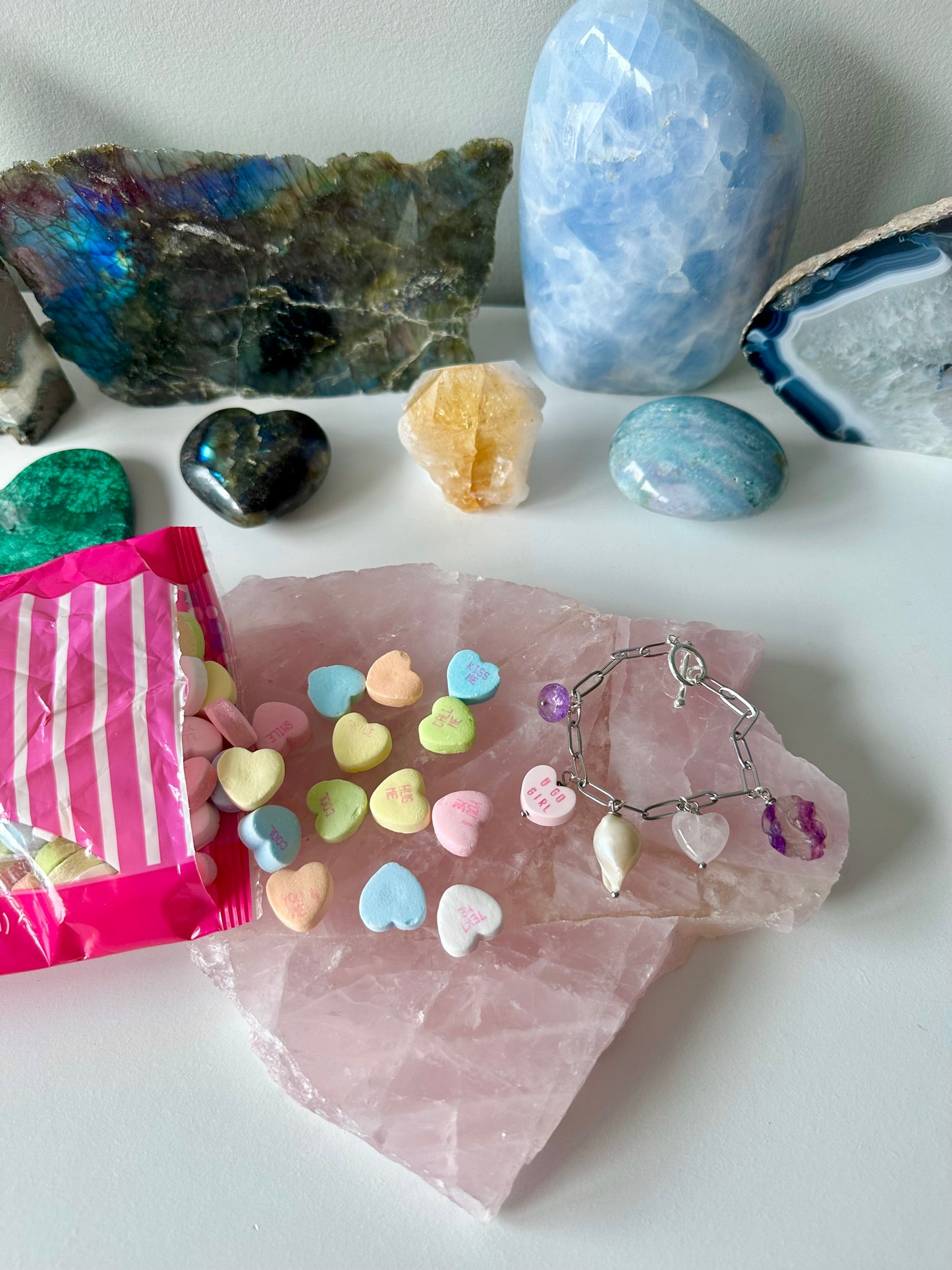 Candy Hearts - Valentine’s Day Candy Hearts and Selenite Gemstone Bracelets