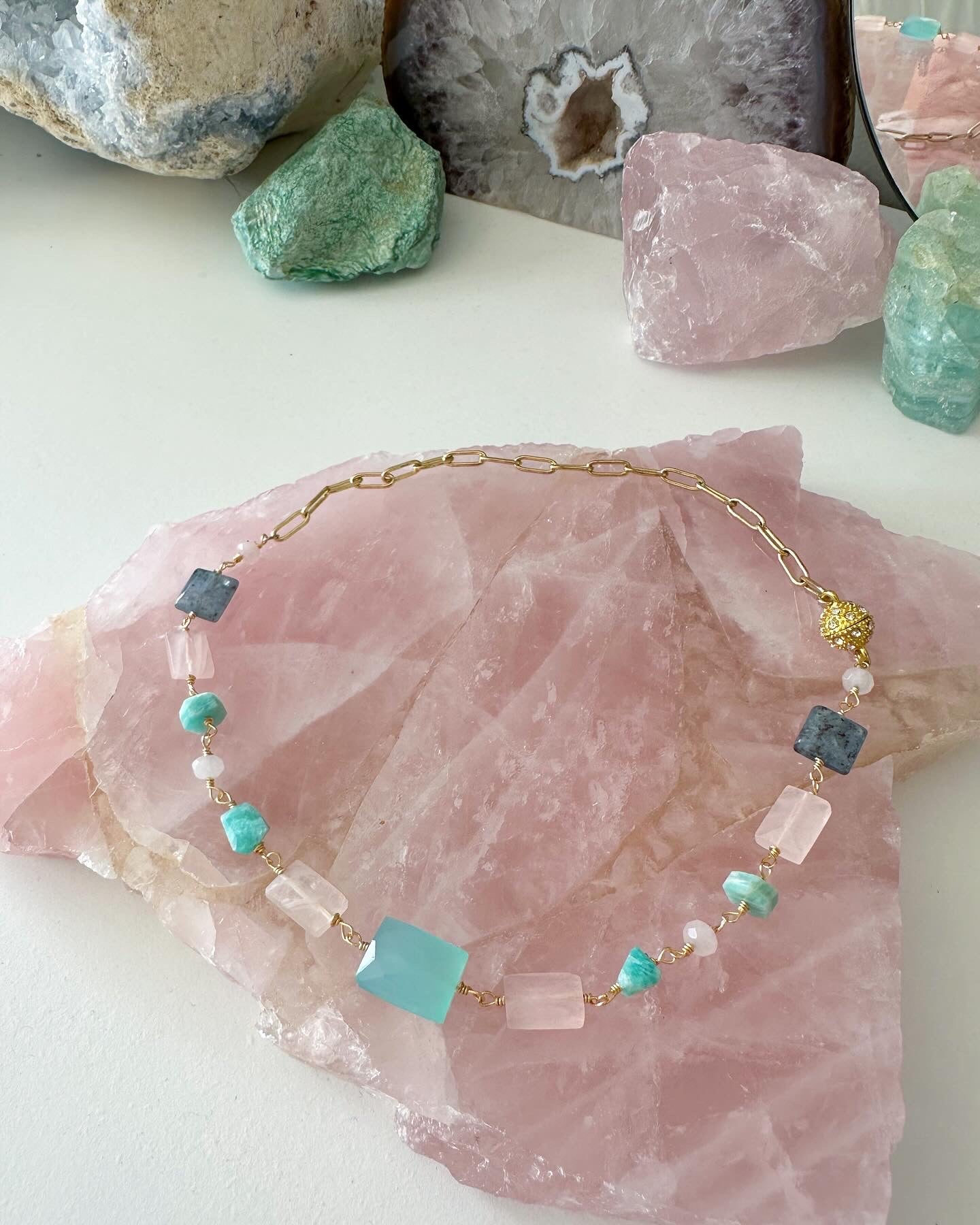 Melanie - Chalcedony, Rose Quartz, Kyanite and Amazonite Gemstone Paperclip Chain Necklace