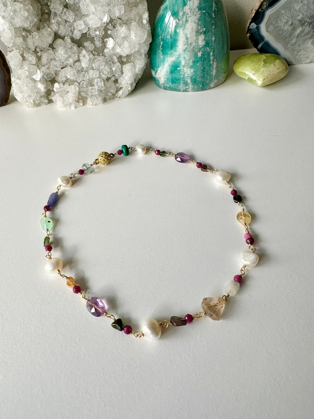 Confetti - Rutilated Quartz, Amethyst, Citrine, Tanzanite, Ruby, Malachite, Fluorite, Moonstone, Chrysoprase, Tourmaline and Freshwater Pearl Gemstone Necklace