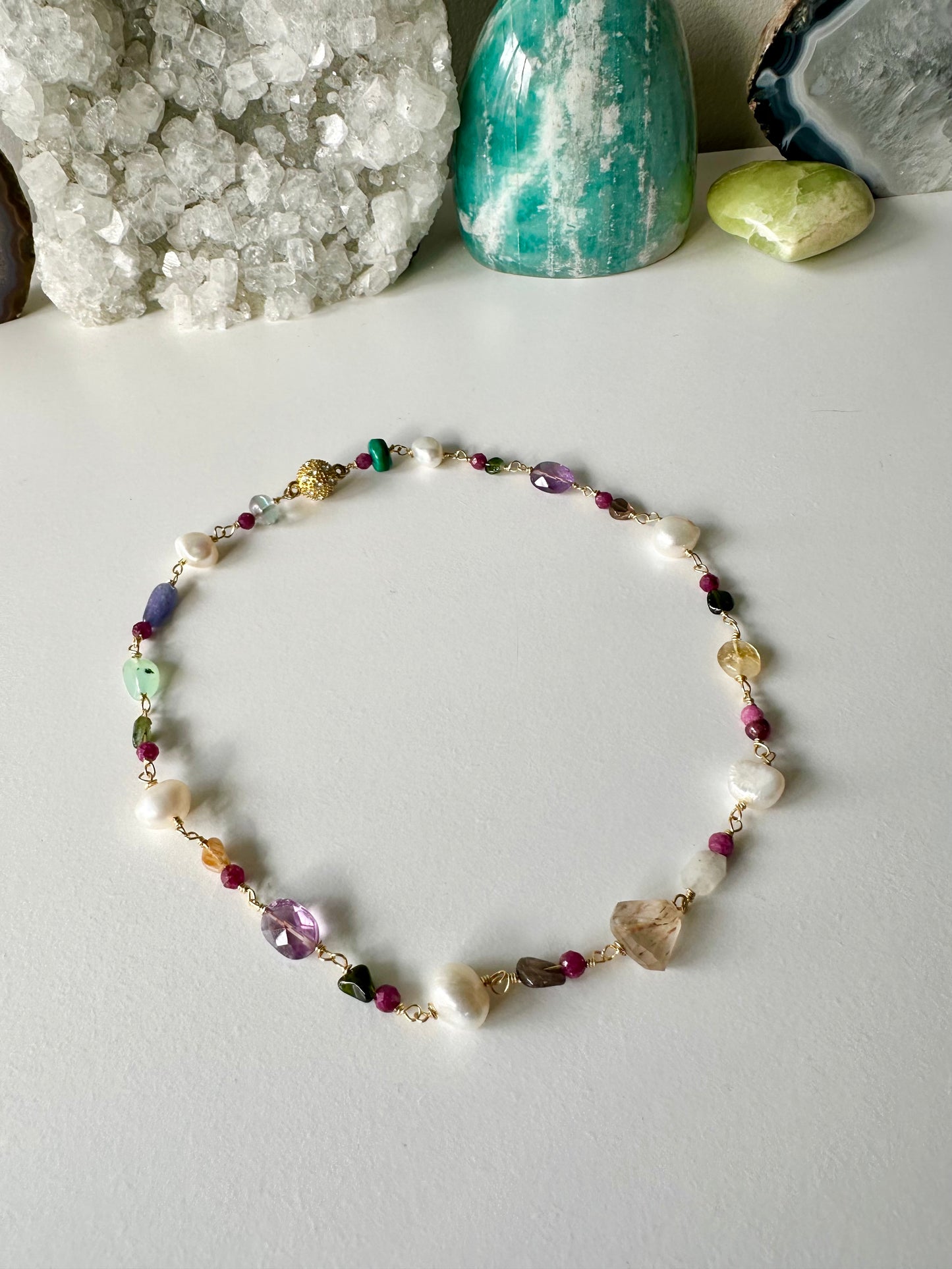 Confetti - Rutilated Quartz, Amethyst, Citrine, Tanzanite, Ruby, Malachite, Fluorite, Moonstone, Chrysoprase, Tourmaline and Freshwater Pearl Gemstone Necklace