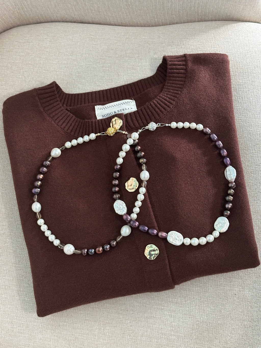 Maple Gemstone Necklace - Chocolate Pearl, Freshwater Pearl and Purple Pearl | Handmade Jewelry