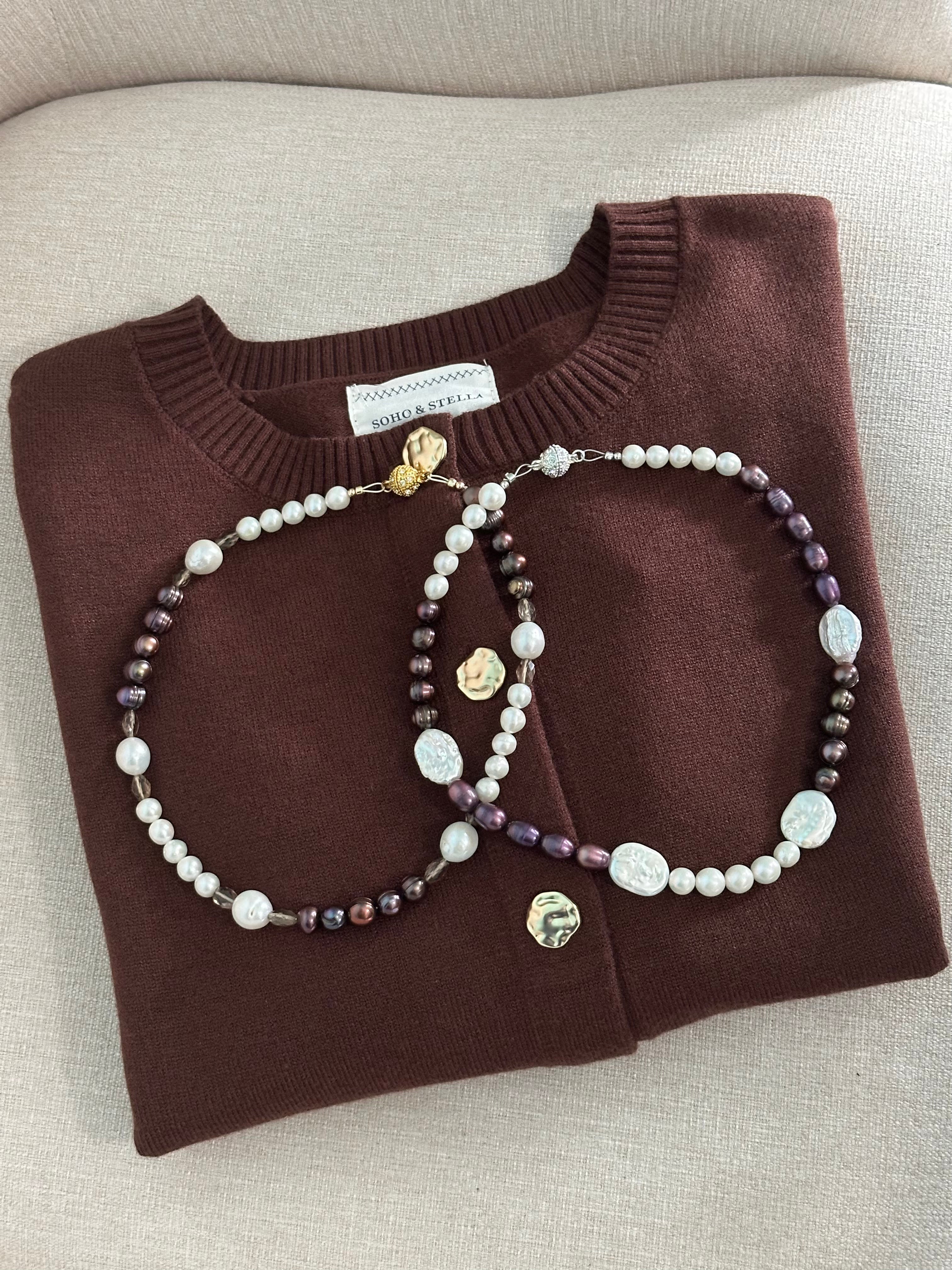 Maple Gemstone Necklace - Chocolate Pearl, Freshwater Pearl and Purple Pearl | Handmade Jewelry