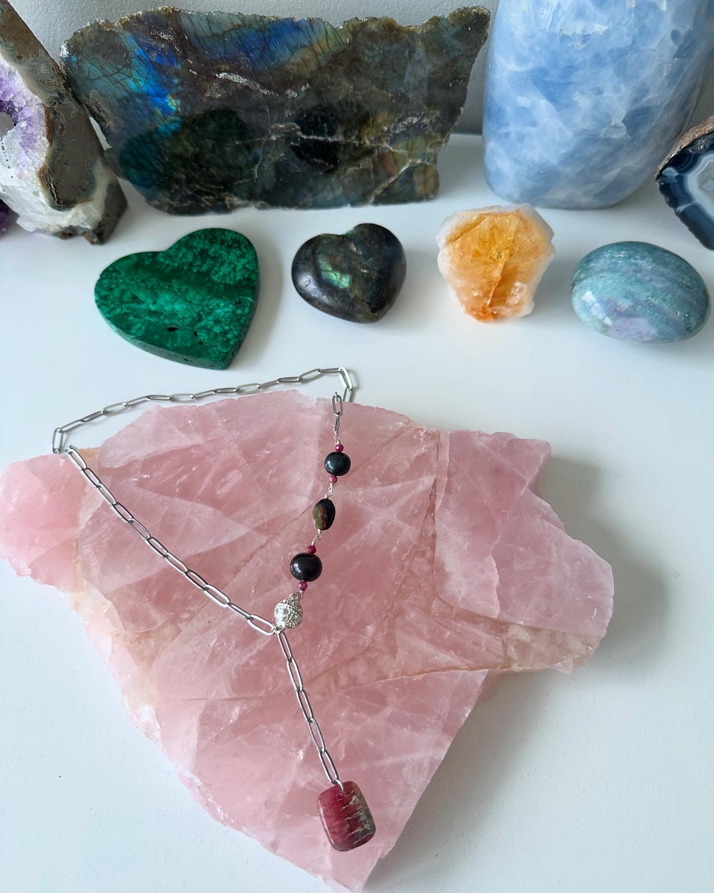 Watermelon Sour Patch - Watermelon Tourmaline, Ruby, and Tahitian Pearl Gemstone Necklace