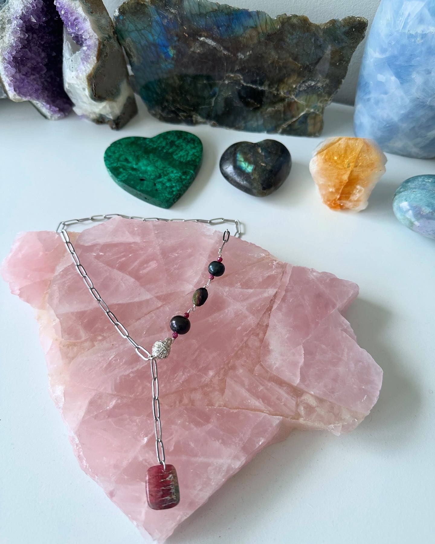 Watermelon Sour Patch - Watermelon Tourmaline, Ruby, and Tahitian Pearl Gemstone Necklace