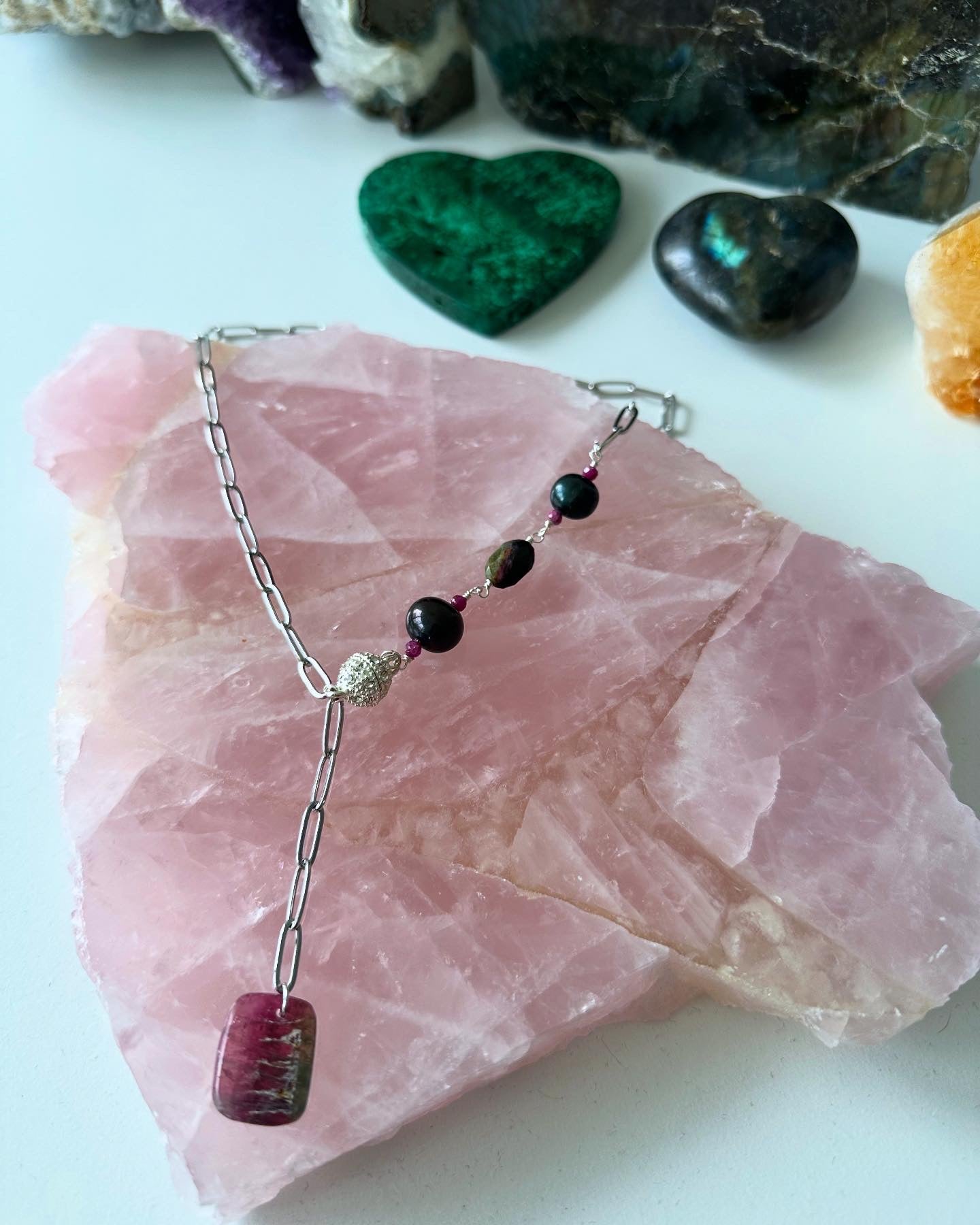 Watermelon Sour Patch - Watermelon Tourmaline, Ruby, and Tahitian Pearl Gemstone Necklace