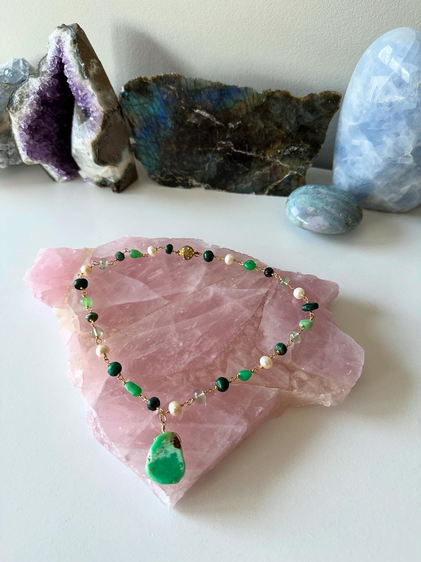 Capri - Chrysoprase, Emerald, Fluorite, Freshwater Pearl and Malachite Gemstone Necklace