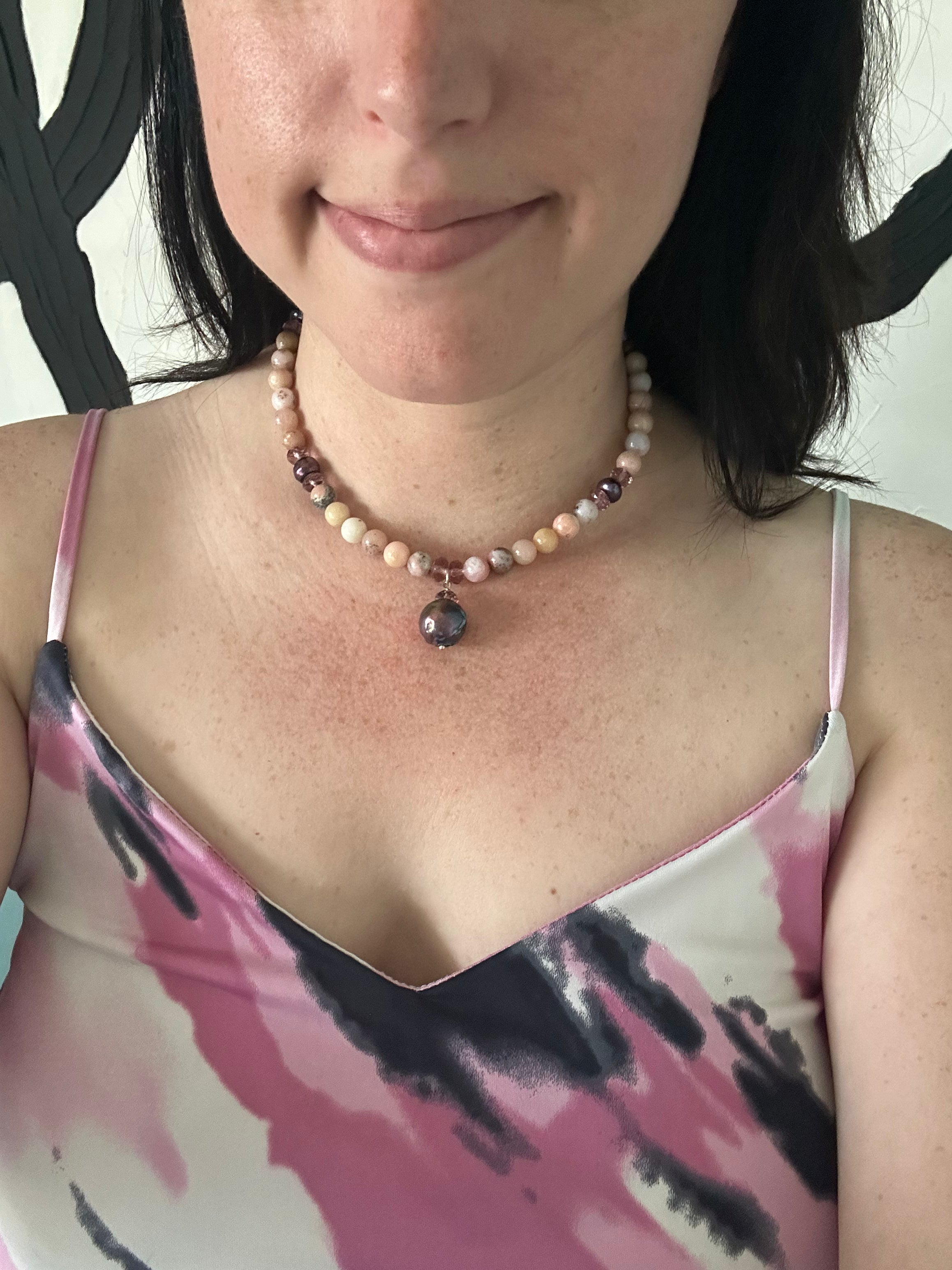 Shell-a-brate - Tahitian Black Pearl, Pink Opal and Pink Amethyst Gemstone Necklace