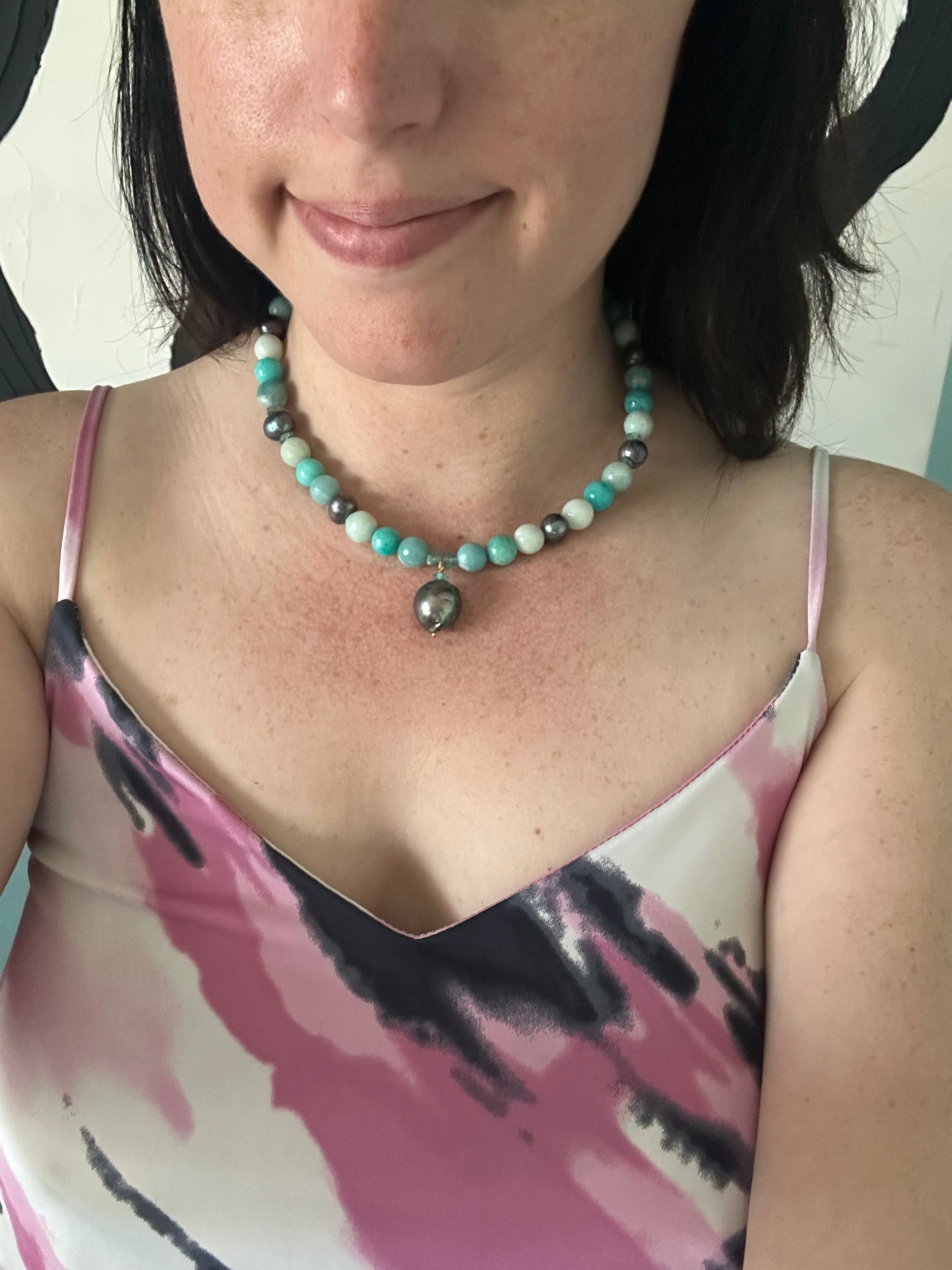 Sea Breeze - Tahitian Black Pearl, Apatite and Amazonite Gemstone Necklace
