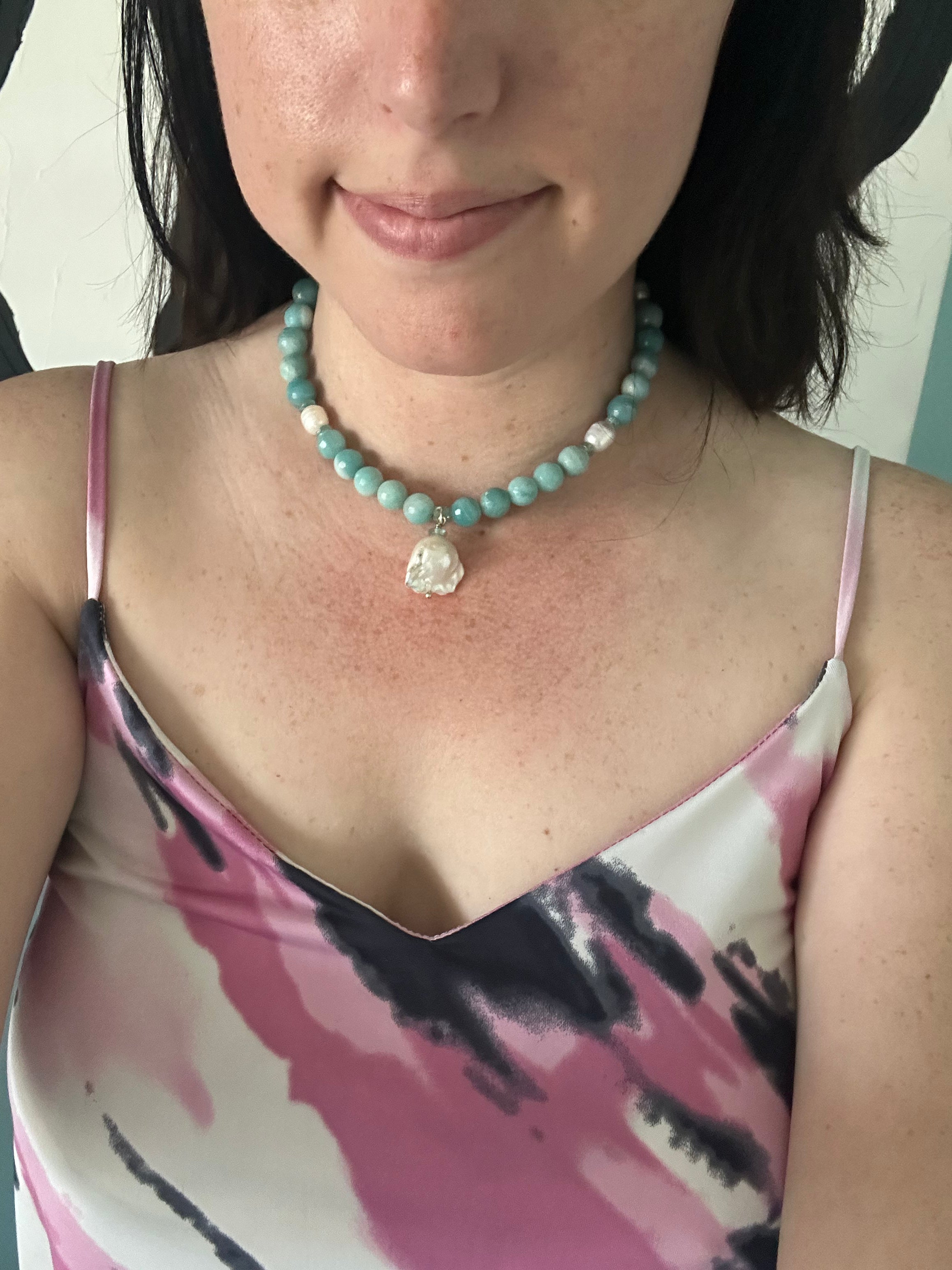 Salty Chic - Freshwater Pearl, Apatite and Amazonite Gemstone Necklace