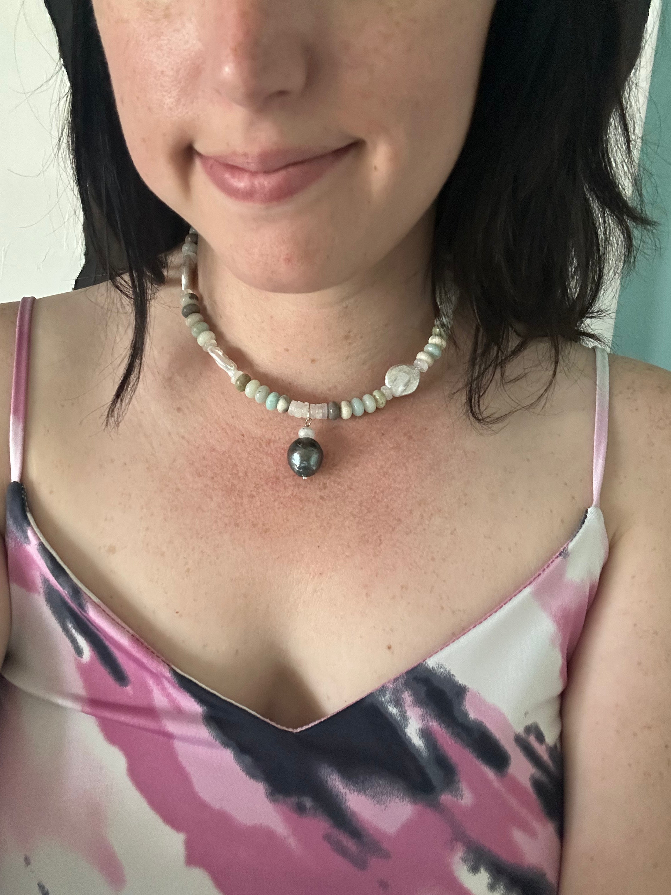 Beach Baby - Freshwater Pearl, Moonstone, Amazonite and Tahitian Black Pearl Gemstone Necklace